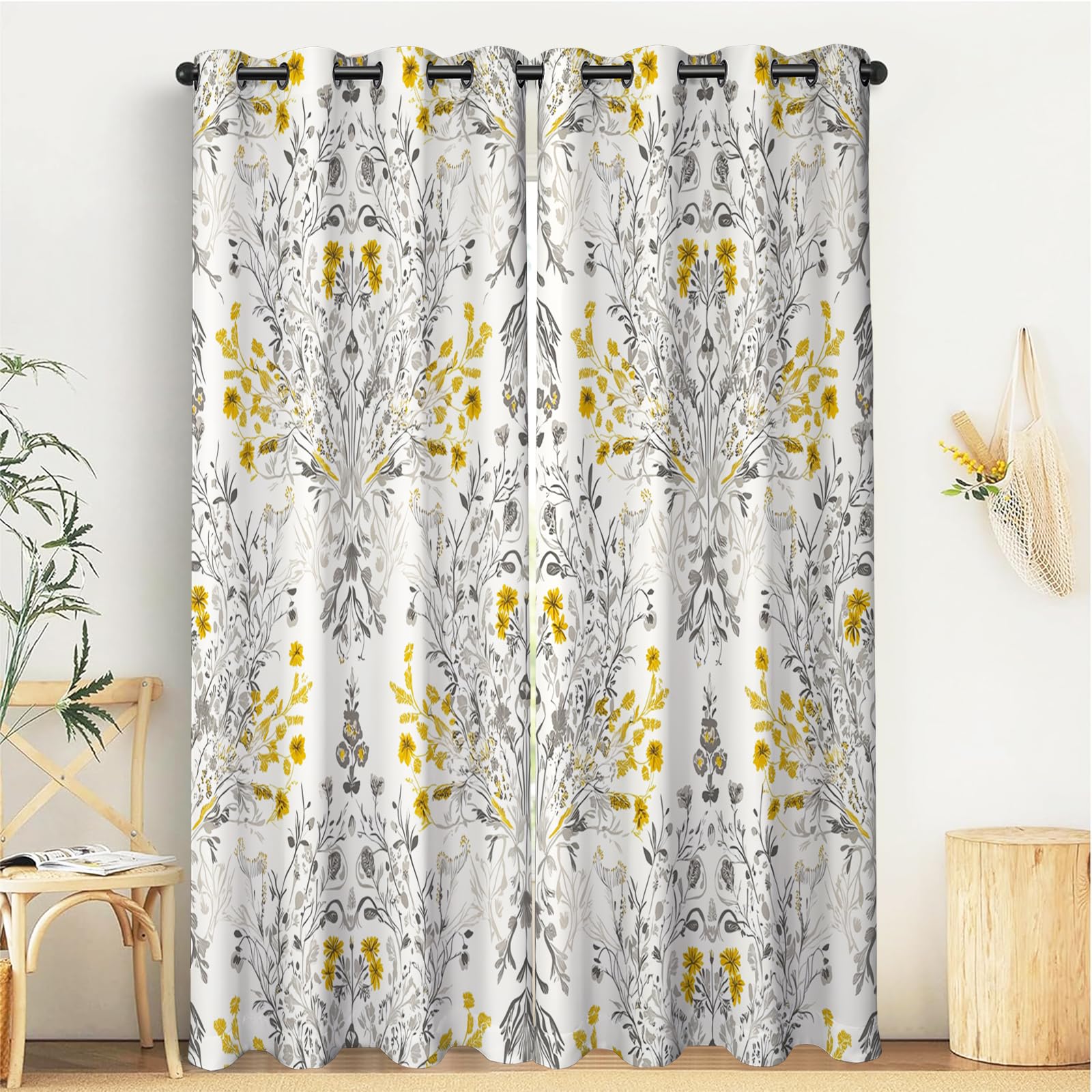 Bianco Giallastro Fiori Simmetrici Tenda Oscurante Con Occhielli Piante Squisite Poliestere Riduzione Rumore Insonorizzata Tendaggi Per Soggiorno Camera Da Letto Cucina 140x175cm(Larghezza x Altezza)