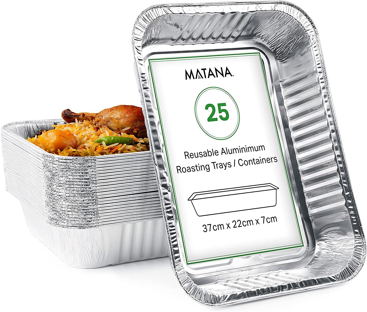 MATANA 25 Large Aluminium Foil Trays – 37×27cm (5000 ml) | Heavy-Duty Roasting & Baking Pans – Sturdy, Disposable or Reusable Food Containers, Oven & Freezer Safe