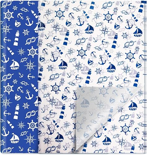 HolyMaji 30 hojas de papel de seda náutico azul, tamaño grande, 20 x 26 pulgadas, diseño de ancla, papel decorativo de regalo para decoración de disponible en Yaxa Peru