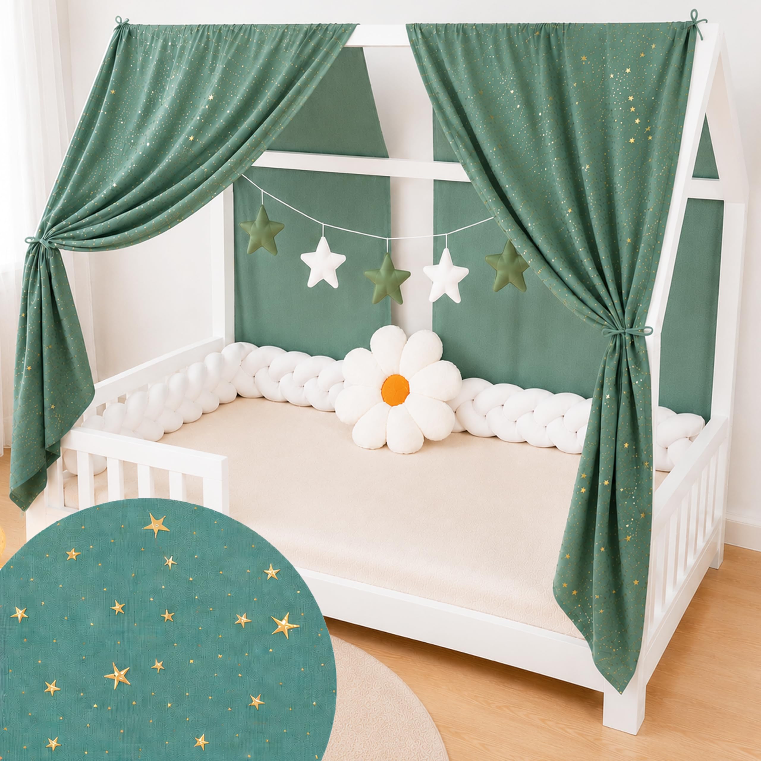 YellowNest Tenda per Letto Montessori (2 Pezzi) - Tenda Letto Bambini per Letto 70x140cm - 100% Mussola di Cotone - Senza Ghirlanda (Eucalipto, 62 x 270 cm (2 Pezzi))
