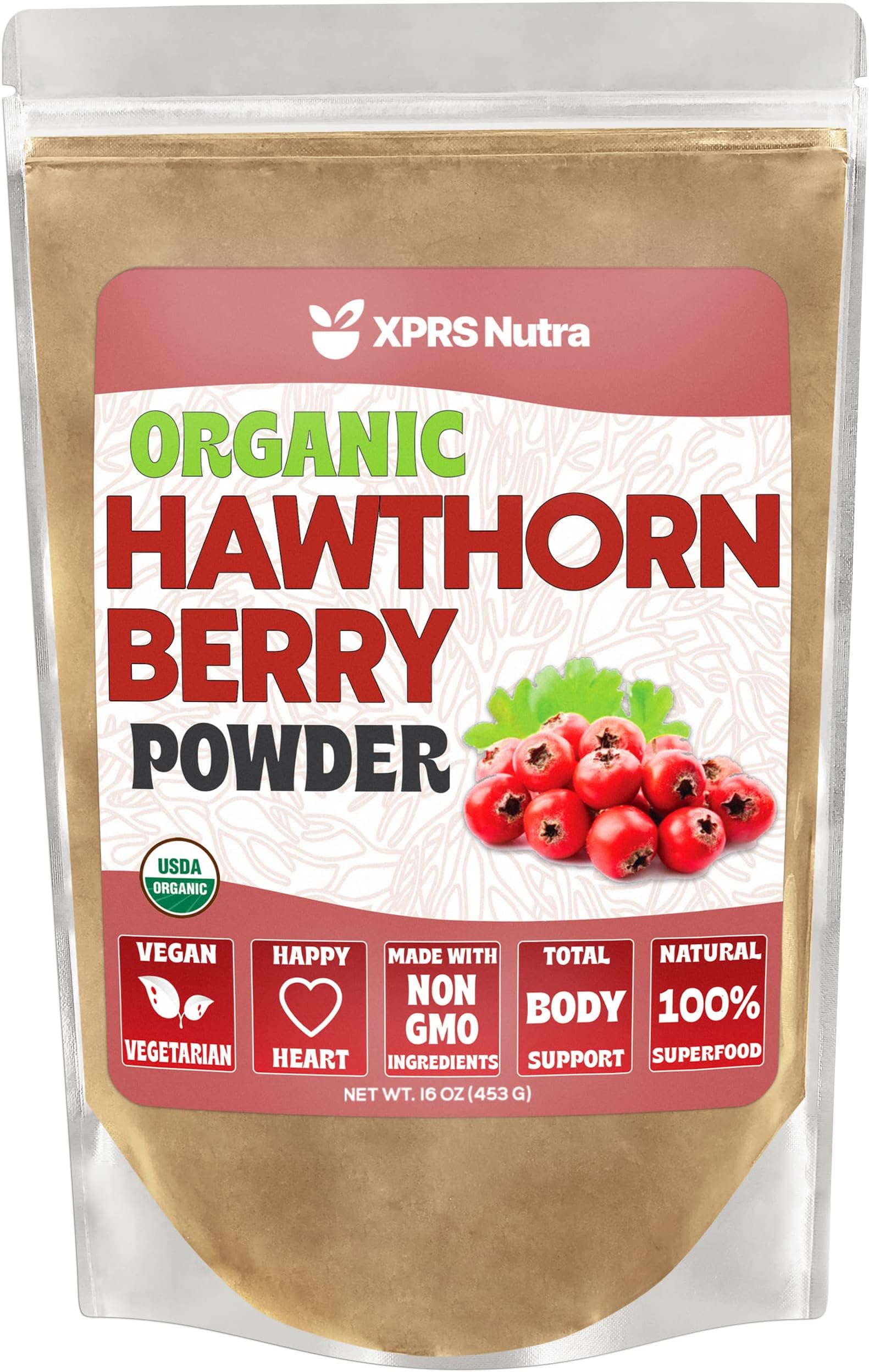 XPRS Nutra USDA Organic Hawthorne Berry Powder Premium Organic Hawthorne Berry Powder for Cardiovascular Support Vegan Home Health Vegan Friendly Supplement (16 Ounce)