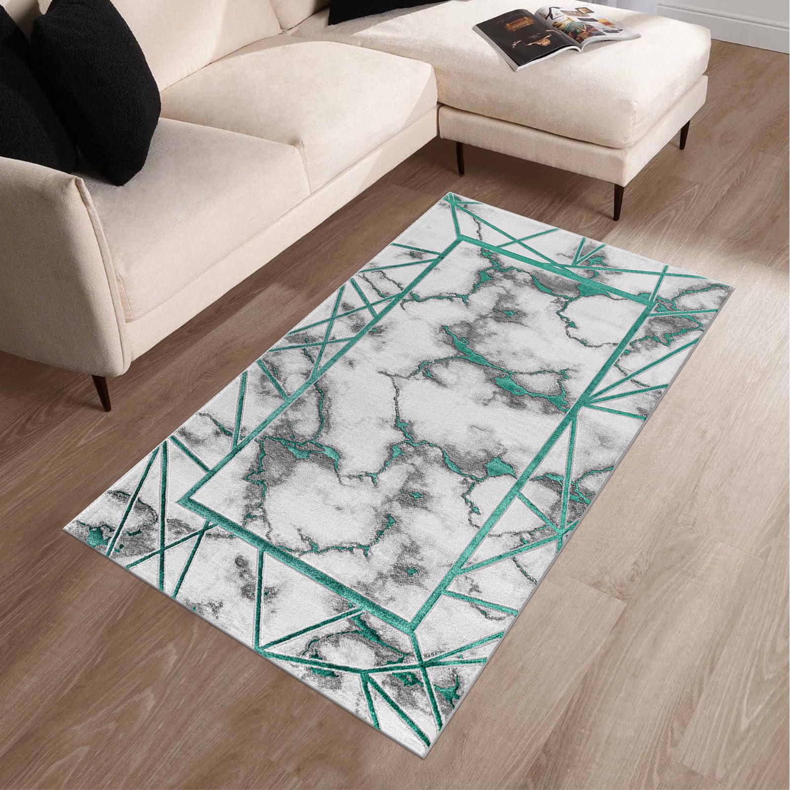 renoazul® Dense Pile Large Kitchen Mat With Jute Backing - Kiens Marble Rug - 80 x 150 cm - Emerald - Washable Door Mat Indoor - Ideal For Large Entrances, Corridor Rug, Hallways And Welcome Mat. — image 1