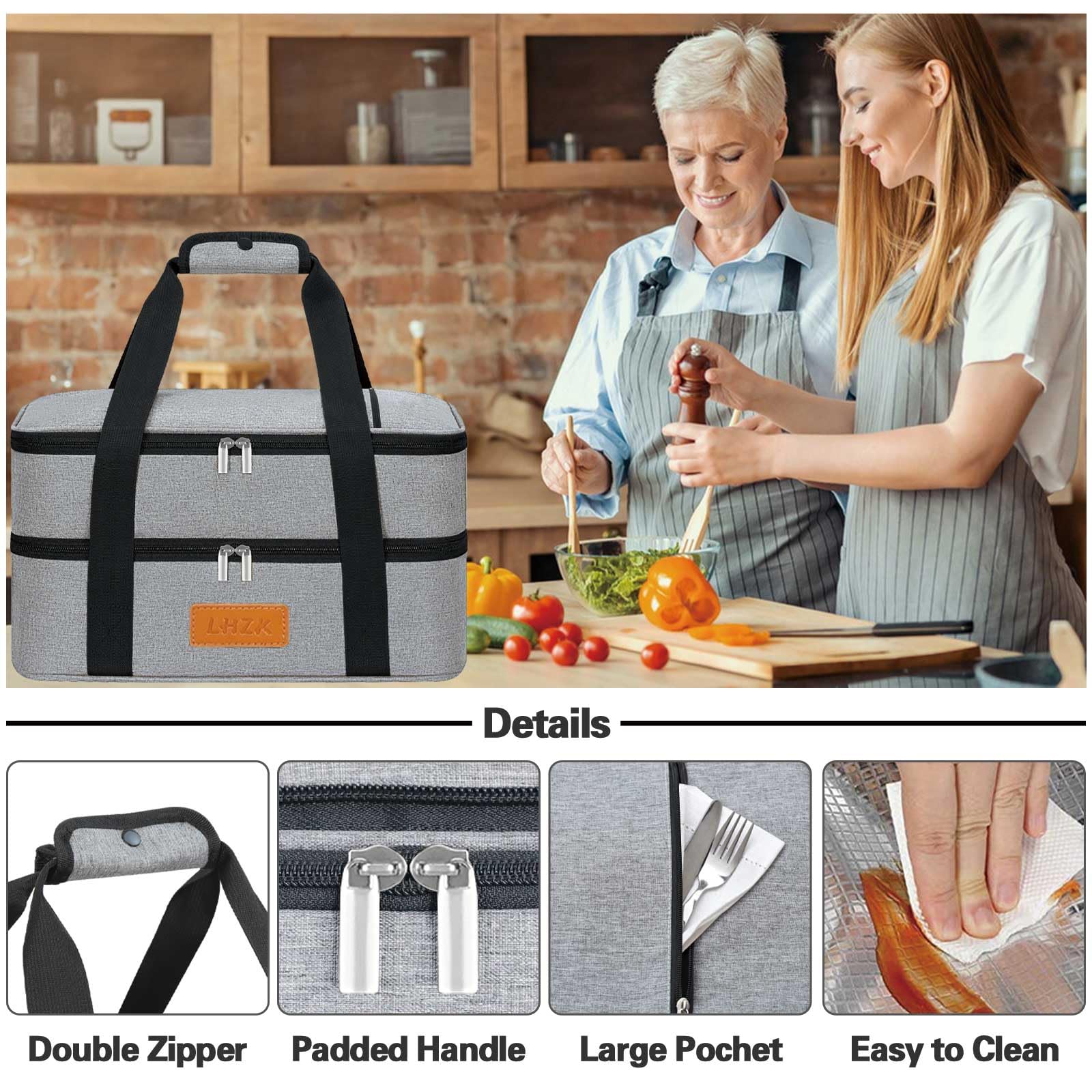 LHZK Cacerola aislada de doble piso para alimentos calientes o fríos, transportador de alimentos calientes expandible, picnic, playa, se adapta a bandeja para hornear de 11 x 15 o 9 x 13 pulgadas