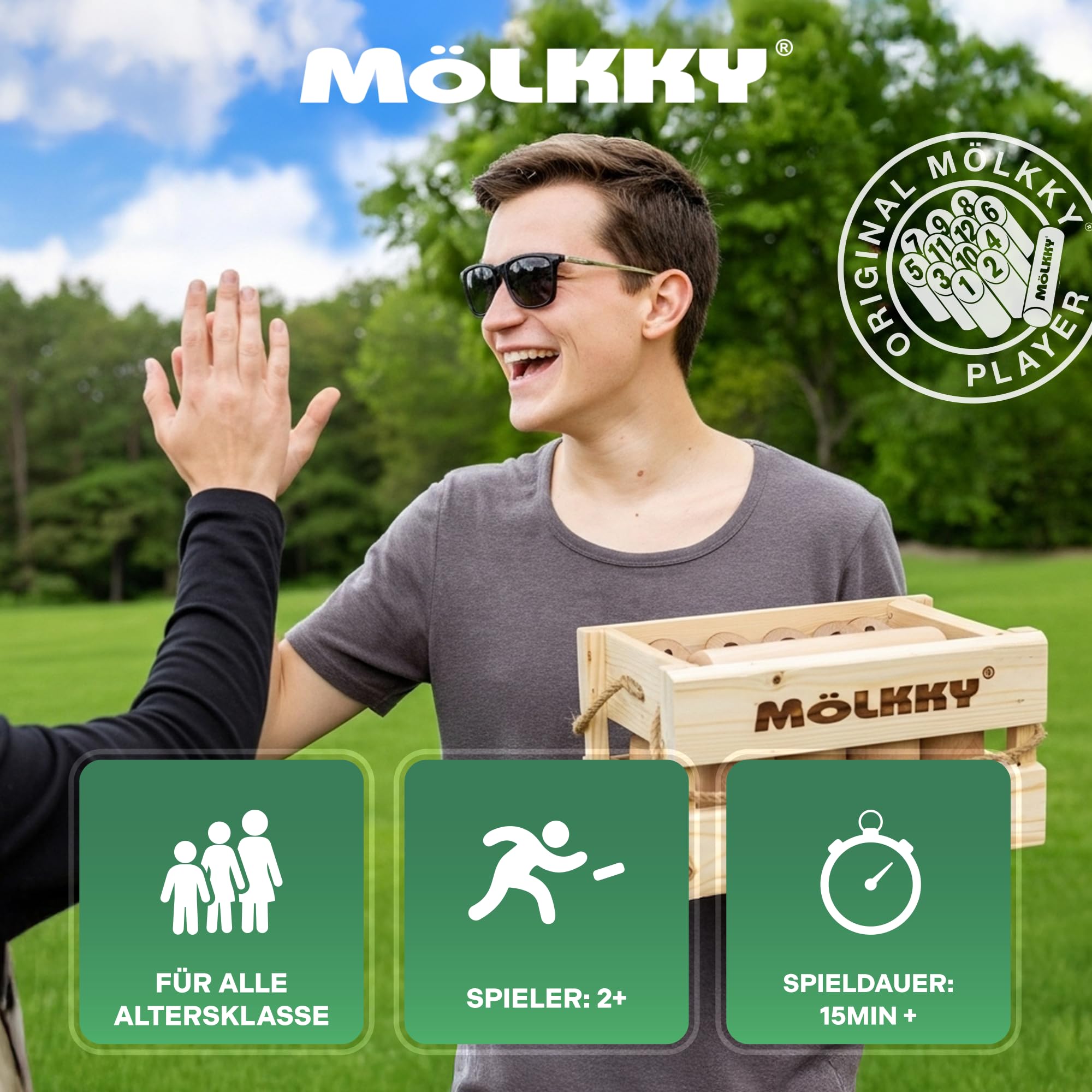 Mölkky Original - Holz Wurfspiele für Draußen, Garten, Picknick, Strand, Freizeit, Camping - Birkenholz 12 Kegel,1 Stock, Spiel Outdoor für Familie, Gruppen, 2+ Spieler, ab 6 Jahren