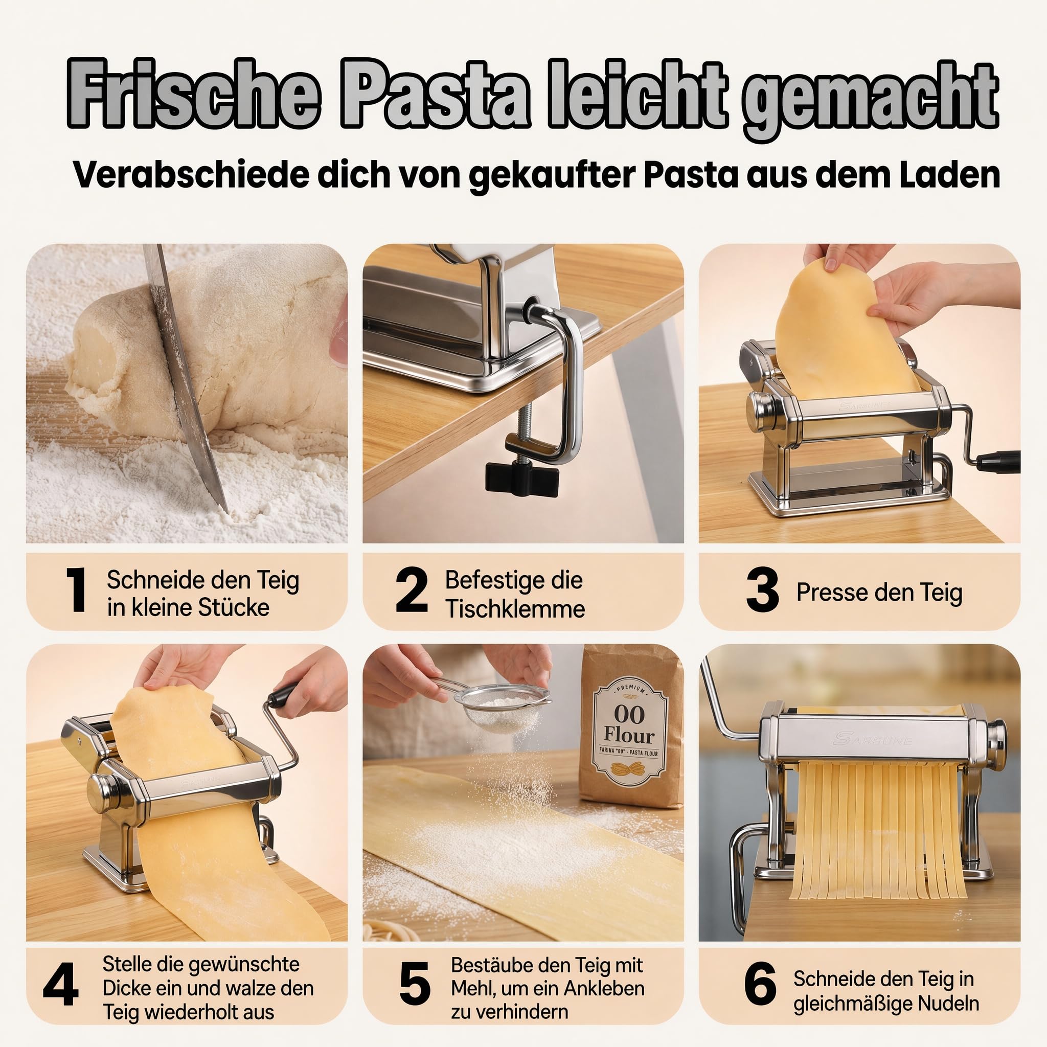 Sailnovo Nudelmaschine Pasta Maker 180 Aluminiumlegierung mit 9 Einstellbaren Stärkeeinstellungen und 2 Schneidern, Nudelmaschine Manuell für Spaghetti, Fettuccini, Lasagne, Geschenk (Silber)