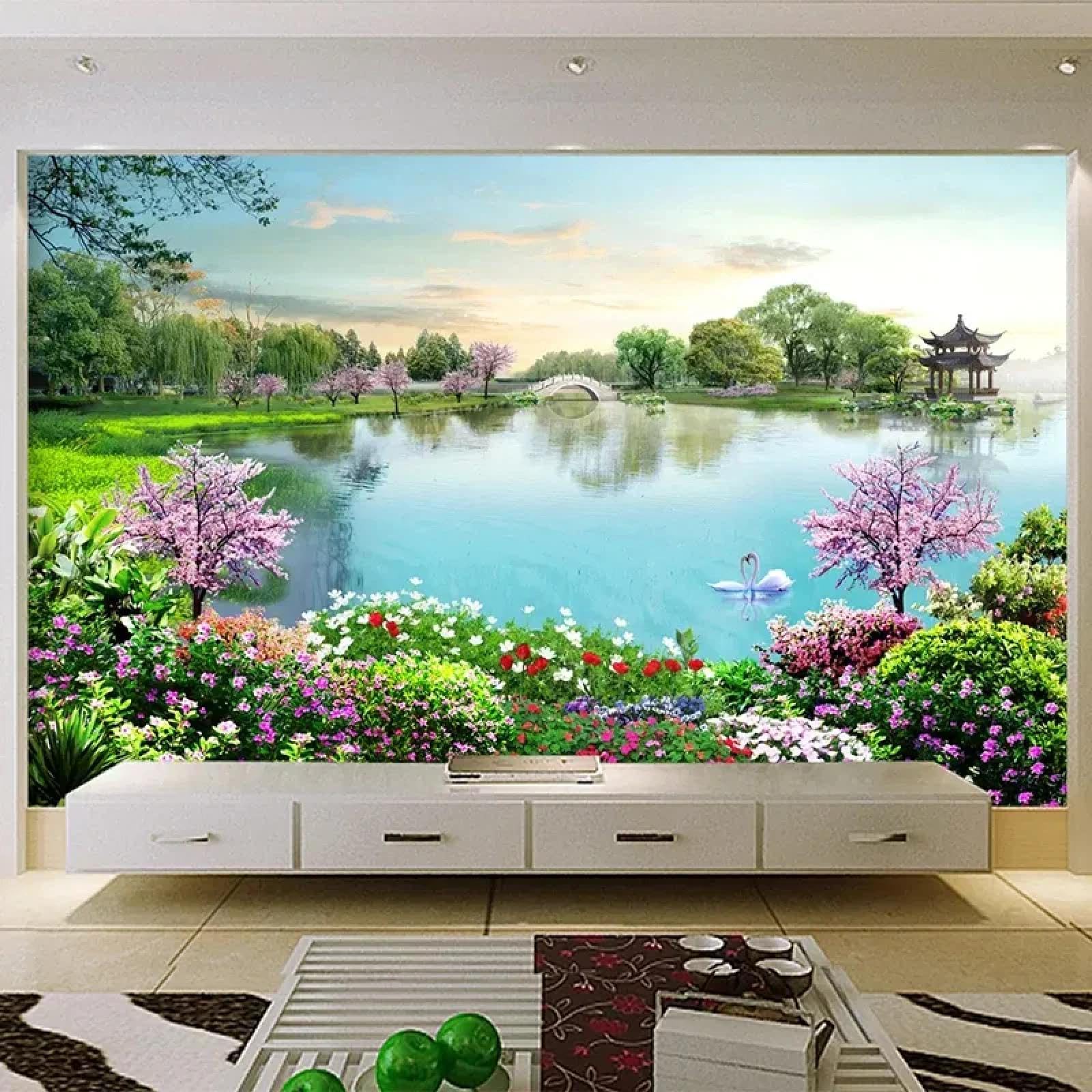 Papier peint 3D paysage pour illuminer un salon sombre et agrandir l'espace
