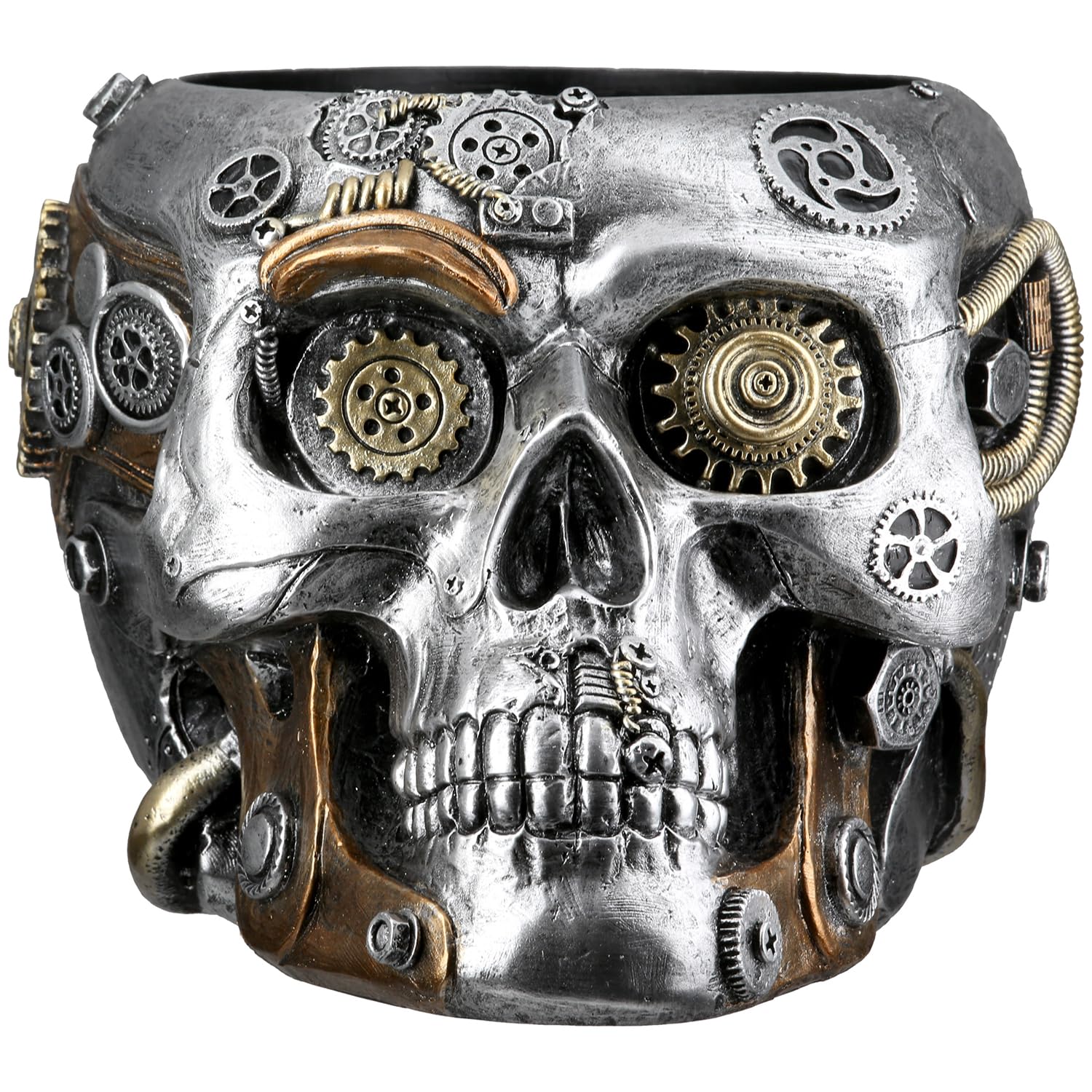 GILDE Steampunk Skull Planter - Portavaso in resina artificiale, altezza 14 cm x larghezza 18 cm, colore argento, finitura anticata, motivo ingranaggi, teschio