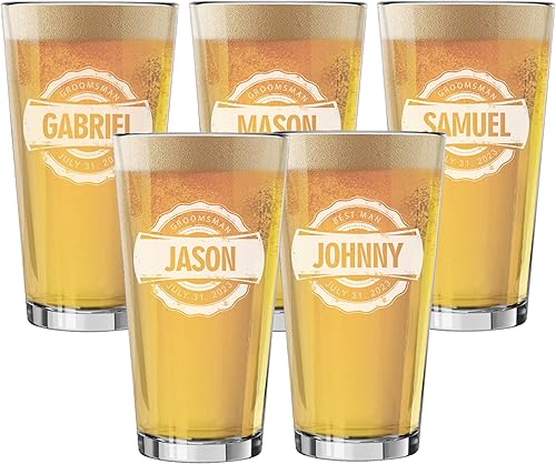 Miniatura 7 de Juego de 4, juego de 6 y más copas de cerveza grabadas personalizadas para padrinos de boda de 16 onzas, estilo tapa de botella (1)