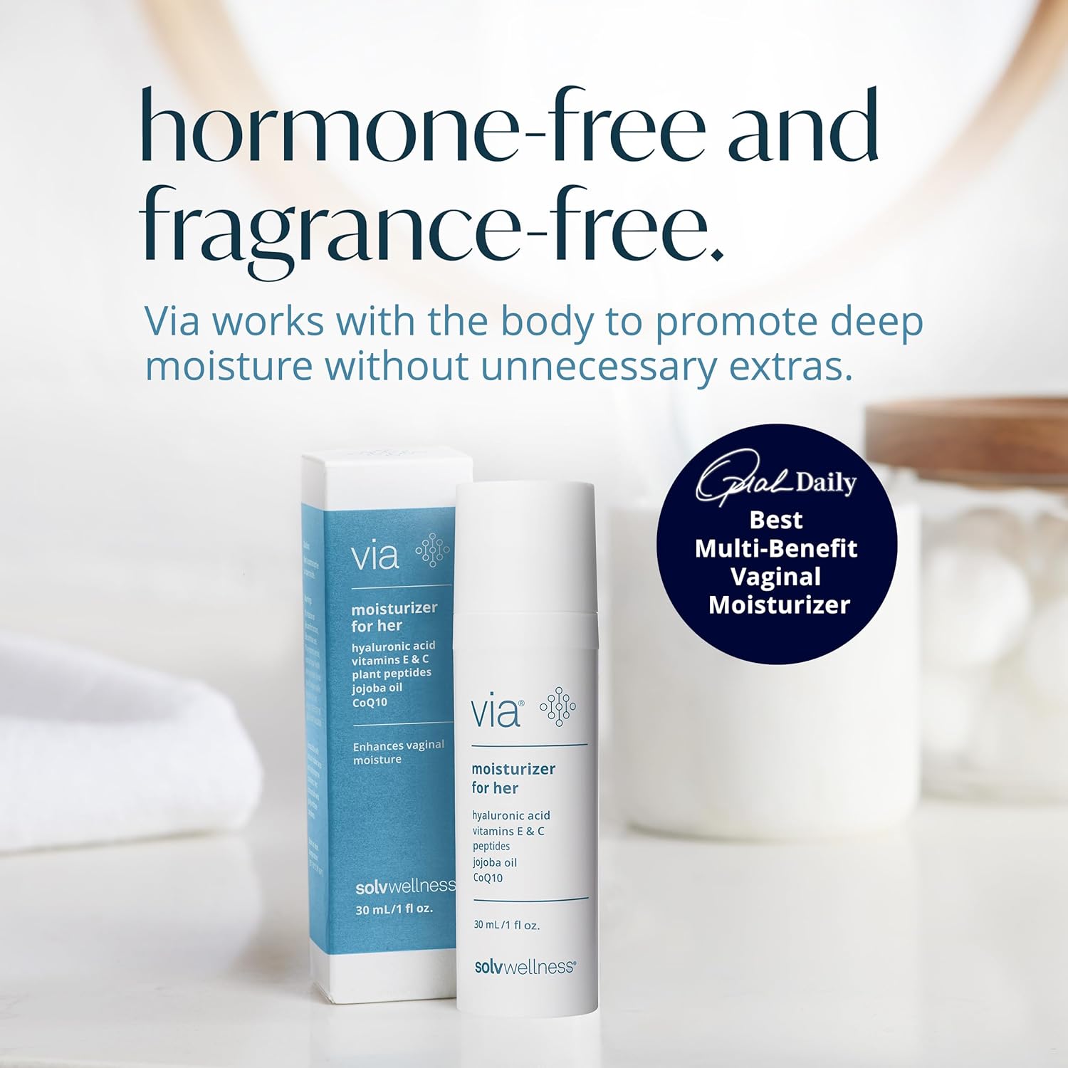 Via by Solv Wellness Vaginal Moisturizer Cream for Women, Non-Hormonal, Water-Based, Made with Hyaluronic Acid, Vitamins, Peptides, Jojoba Oil, 30 ml