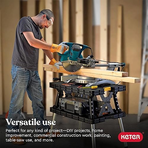 Miniatura 4 de Keter Soporte de mesa portátil plegable con 2 abrazaderas de madera de 12 pulgadas para sierras ingletadoras, mejoras del hogar y construcción,