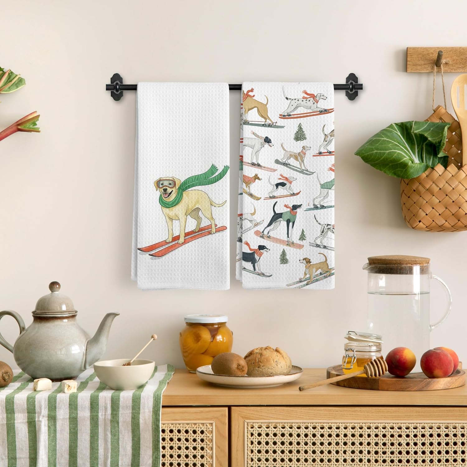 Winter Ski Labrador Retriever Kitchen Towels, Yellow Lab Gifts for Women Dish Tea Towels for Kitchen, Ski Lover Gifts Decorative Hand Towels, Winter Dog Bathroom Decor, 16x24 Inch Set of 2 - Image 2