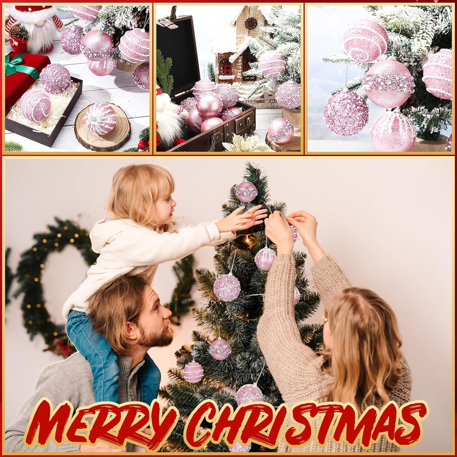 Liliful 12 Pcs Christmas Ball Ornaments Christmas Tree Decorations Shatterproof Foam Glitter Balls Hanging Xmas Tree Ornaments for Home New Year Holiday Indoor Outdoor Party Decor(Pink,2.76 Inch) - Image 6