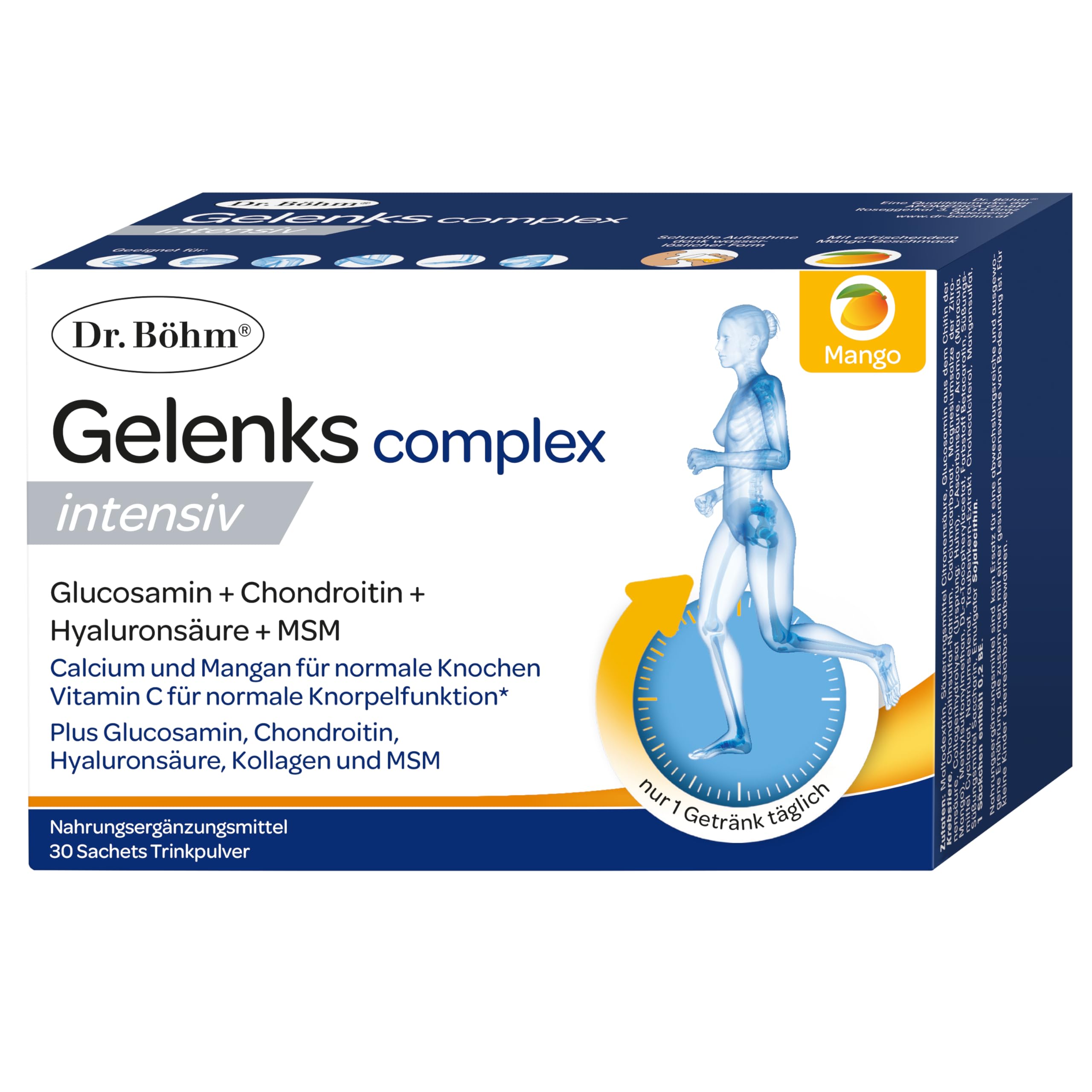 Dr. Böhm Gelenks complex intensiv: Für Gelenke, Knochen, Knorpel & Bandscheiben, Trinkpulver mit Gelenknährstoffen, Calcium & Vitamin D, mit Mango-Geschmack, 30 Stk