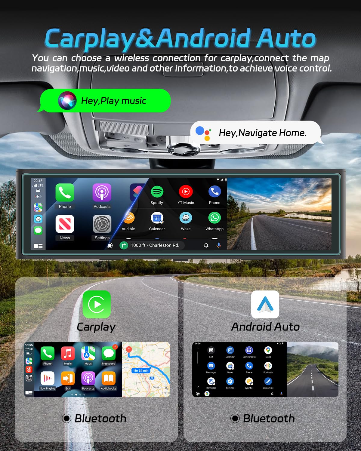 NHOPEEW Espejo retrovisor de 10,99 Pulgadas con cámara Frontal 4K - CarPlay inalámbrico y Android Auto - Compatible con Mirror Link Transmisión FM Visión Nocturna Conexión WiFi