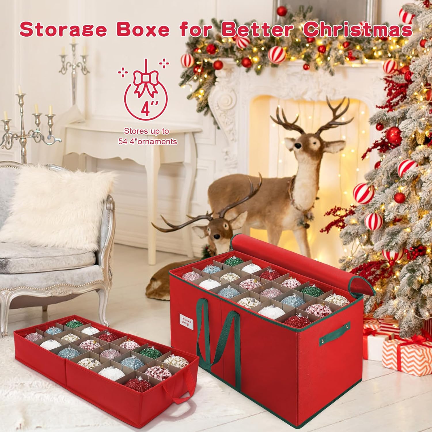 Christmas Ornament Storage Box, Stores Up to 54-4" Ornaments, 3 Individual Trays, Adjustable Dividers, 600D Oxford Fabric, Large Organizer Bin to Protect and Store Holiday Décor - Image 2