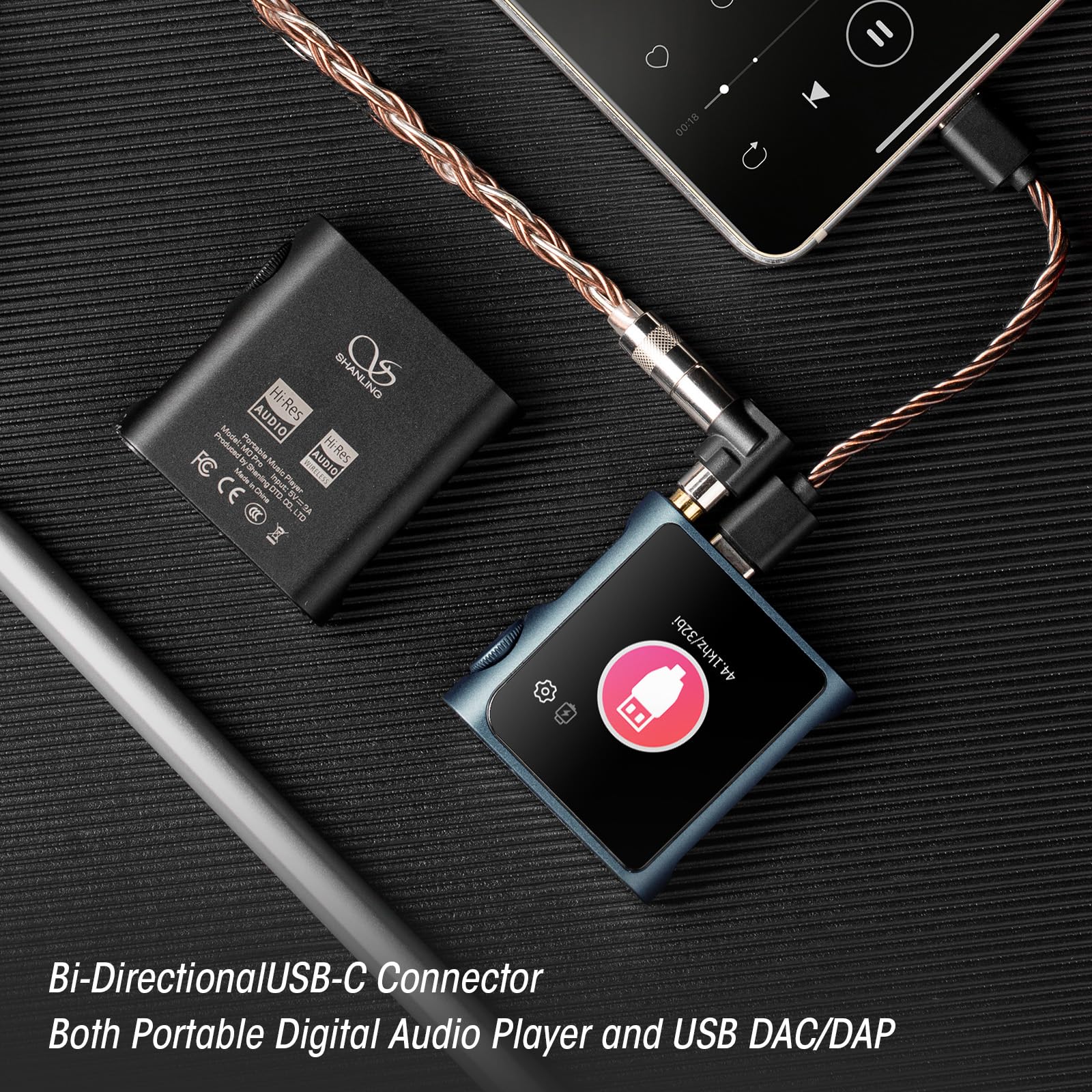 SHANLING M0 Pro MP3-Player mit Bluetooth, Hi-Res tragbarer Musik-Player, digitaler Audio-Player, 1,54 Zoll HD-Touchscreen, bis zu 10 Stunden Akku, Bluetooth und USB-Typ-C-Dongle, 3,5-mm-Klinken, Mokka