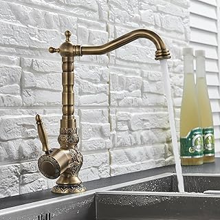 Comprar Retro Tallado Grifo del fregadero de la Cocina,Cocina Familiar Moderno y Baño, Grifo Mezclador de Cobre Antiguo Palanca Lavabo Grifos de Lavabo Con Caño Giratorio