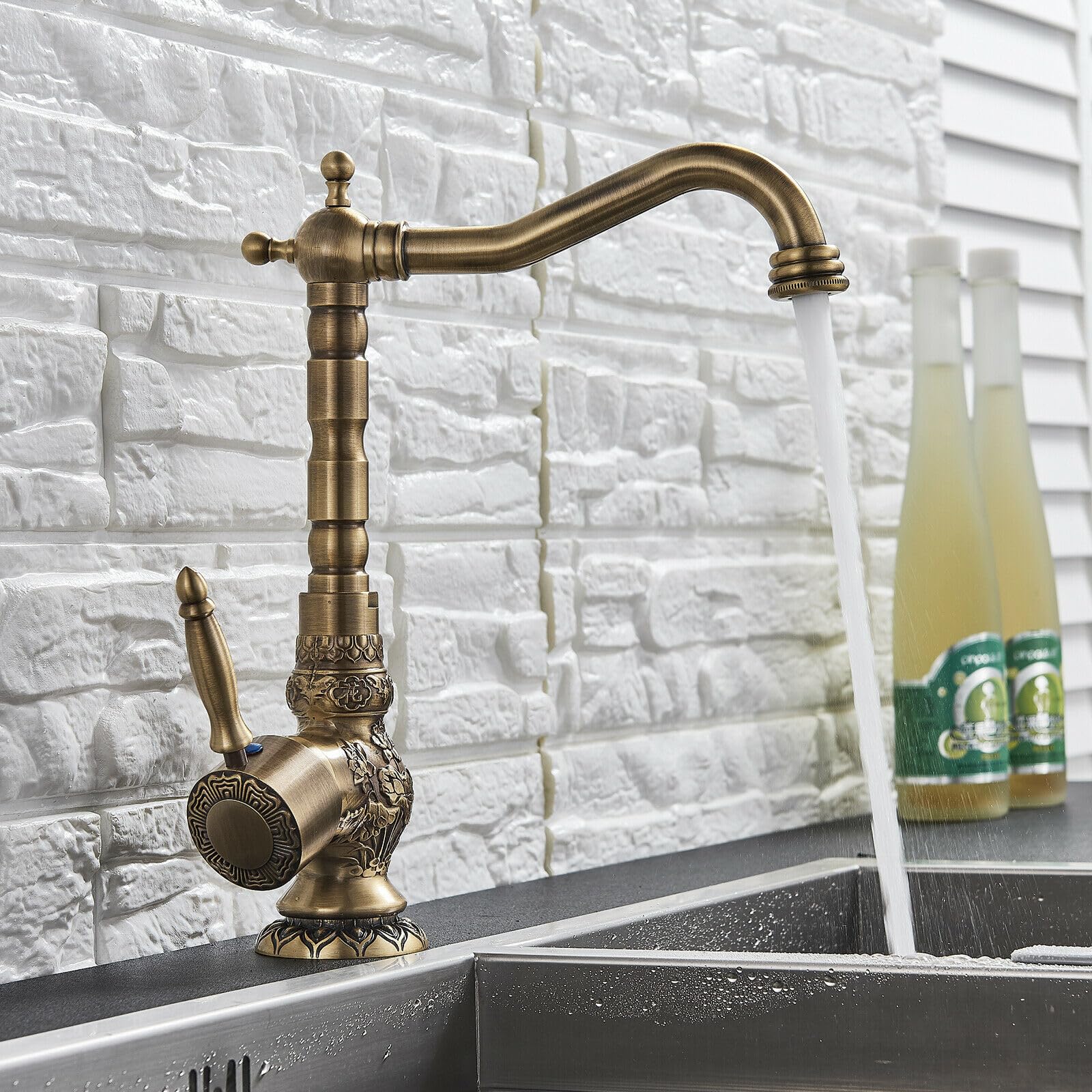 Retro Tallado Grifo del fregadero de la Cocina,Cocina Familiar Moderno y Baño, Grifo Mezclador de Cobre Antiguo Palanca Lavabo Grifos de Lavabo Con Caño Giratorio