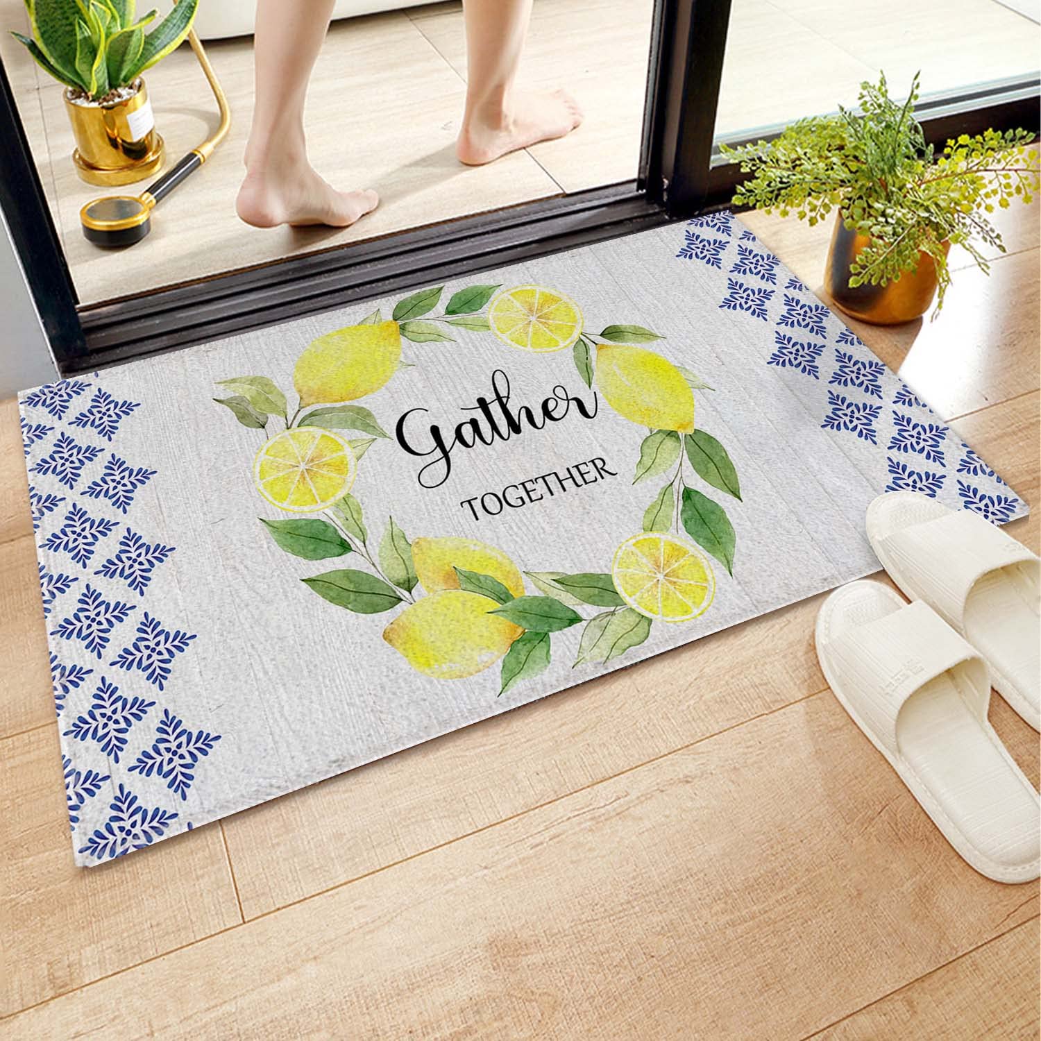Bioputty Lemon Wreath Gather Summer Doormat,Home Spring Decor Non-Slip Low-Profile Bathroom Rug Entrance Door Mat Floor Mat for Home Front Door Indoor Outdoor 18x30 Inch