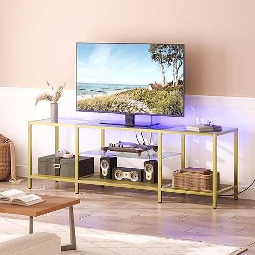 Soporte de TV con luces LED y tomas de corriente para televisores de hasta 75 pulgadas, moderna mesa consola de TV de vidrio templado de 63 pulgadas