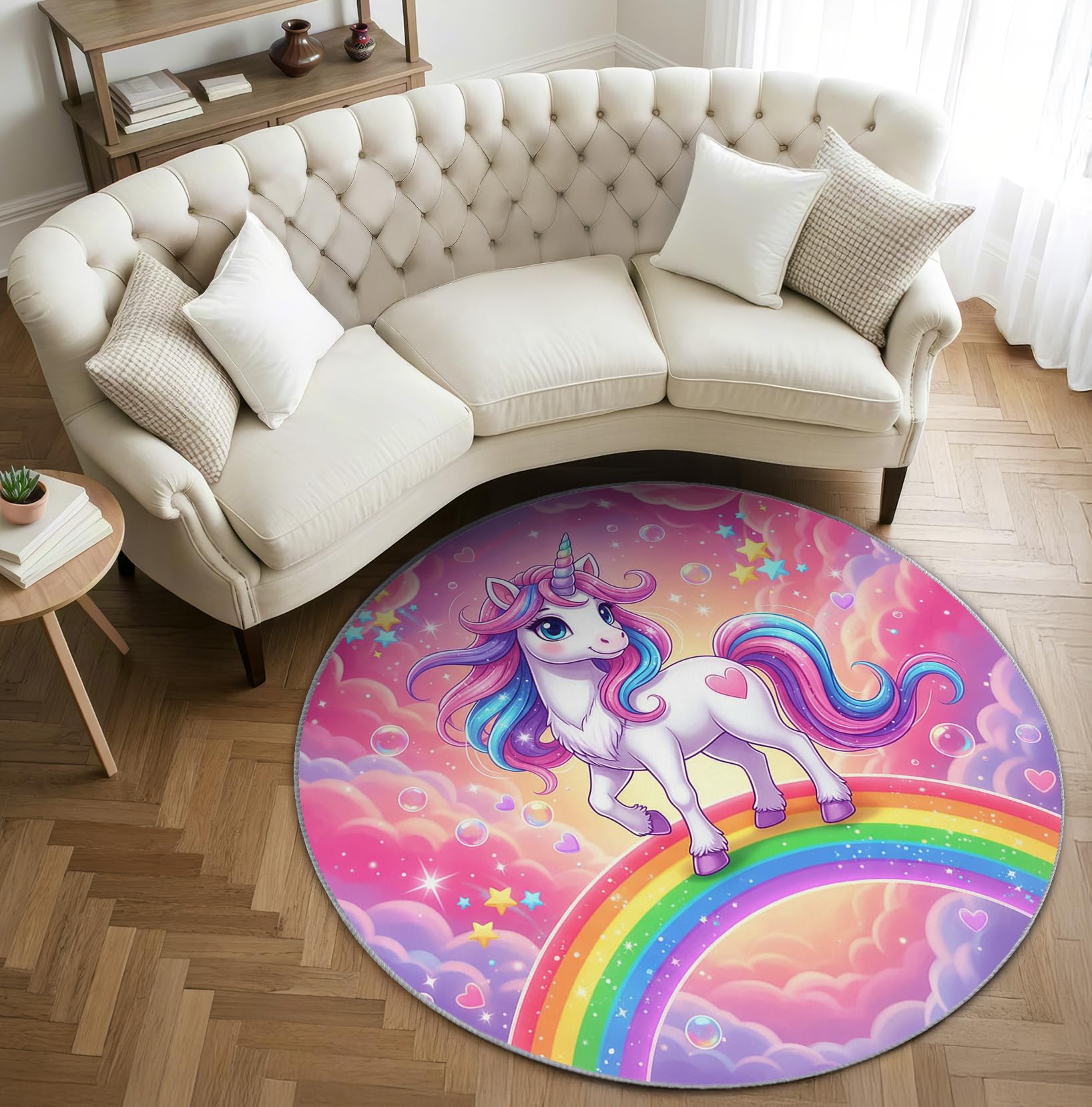 Einhorn Mädchen Teppich Rund 120cm Kurzflor - Waschbare Teppiche Wohnzimmer Rosa Einhorn Motiv Regenbogen Wolken - Runder Teppich 120 Durchmesser - Bettvorleger Schlafzimmer rutschfest