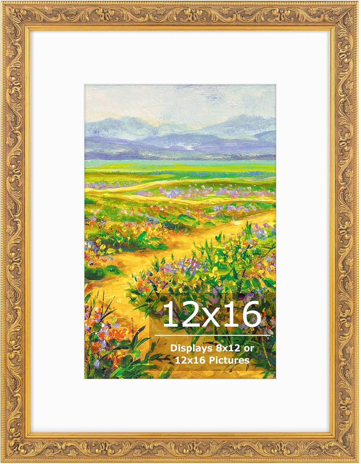 Golden State Art,12x16 Ornate Picture Frame for 8x12 Photo With Mat or 12 x 16 Prints Without Mat, Real Glass Wall Display Horizontally or Vertically (Color:Vintage Gold)