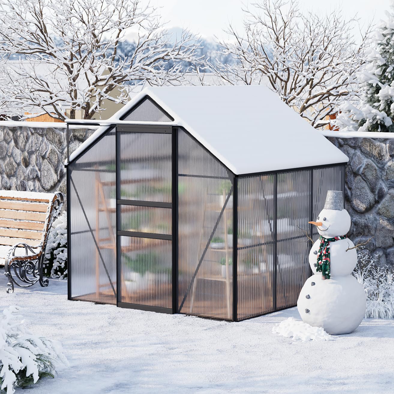 Condition photo showing New/Like New for GarveeHome 6 x 6 FT Polycarbonate Greenhouse, Winter Greenhouses for Outdoors with Aluminum Frame, Sliding Door, Adjustable Roof Vent, Backyard Green Houses, Patio Garden, Black