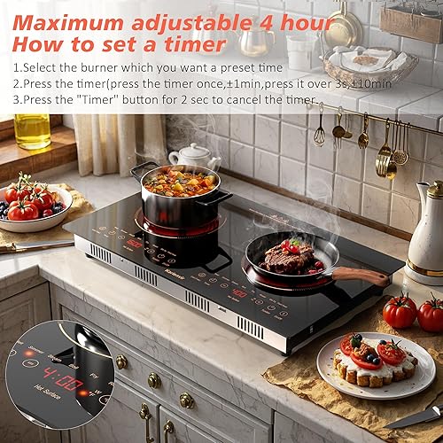 Miniatura 4 de Estufa eléctrica de 2 quemadores de 110 V, encimera eléctrica de 24 pulgadas y encimera eléctrica integrada, 8 niveles de potencia y 8 funciones,