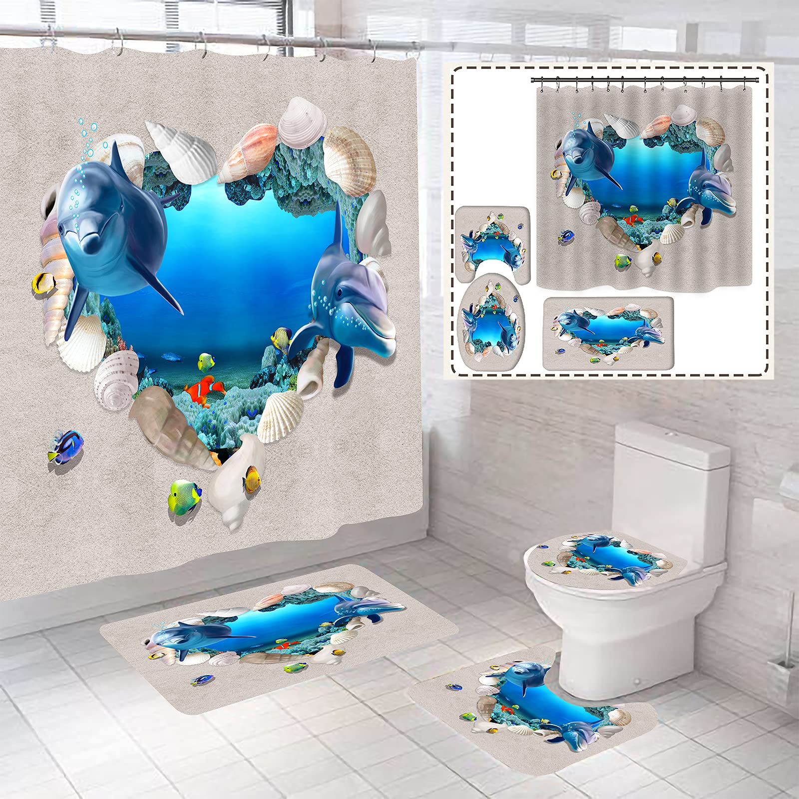 Biustar 4 Piece Heart Shaped Dolphin Shower Curtains Sets Non | Desertcart  Seychelles, image size:1600x1600