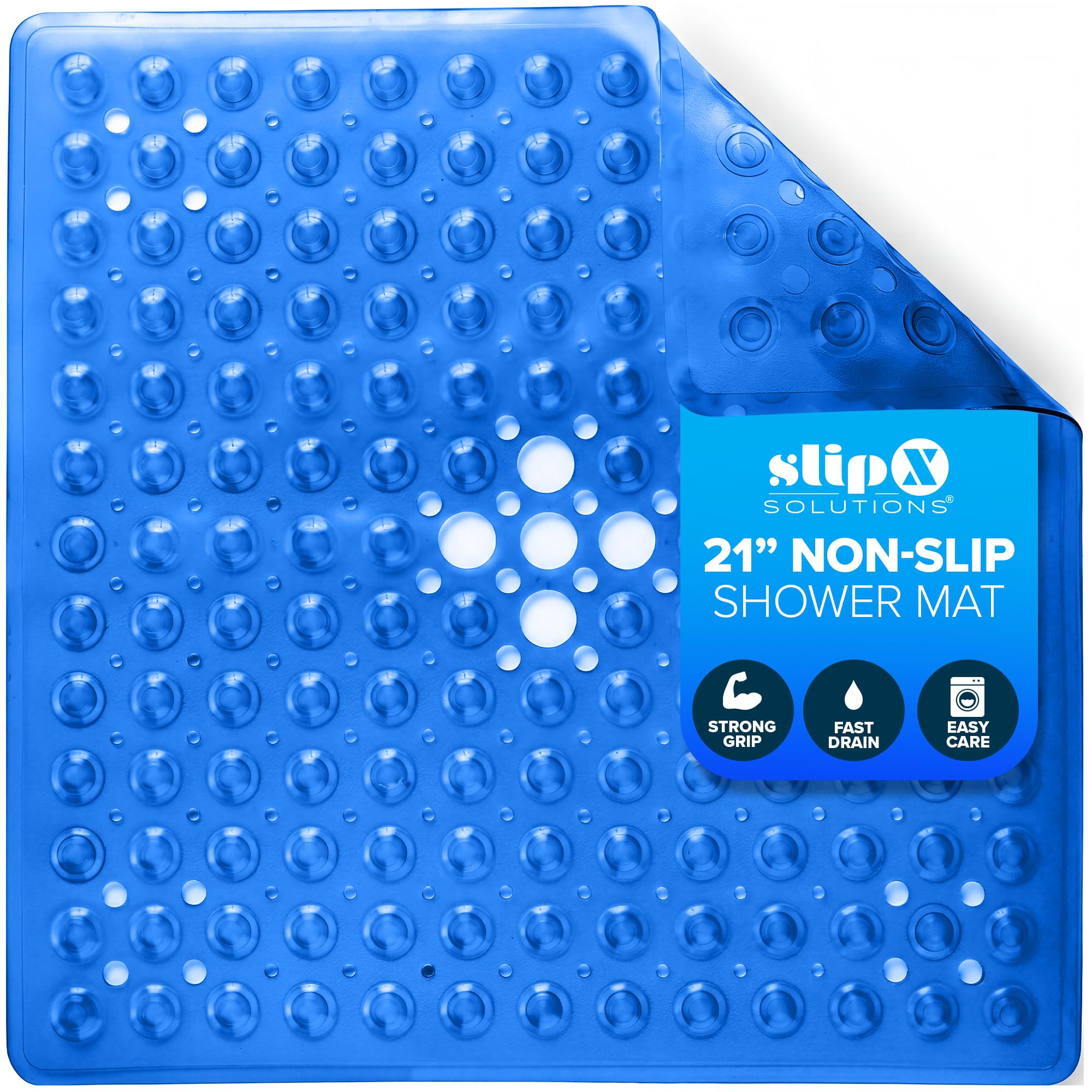 SlipX Solutions 21" Square Non Slip Shower Stall &amp; Bathtub Mat, Blue