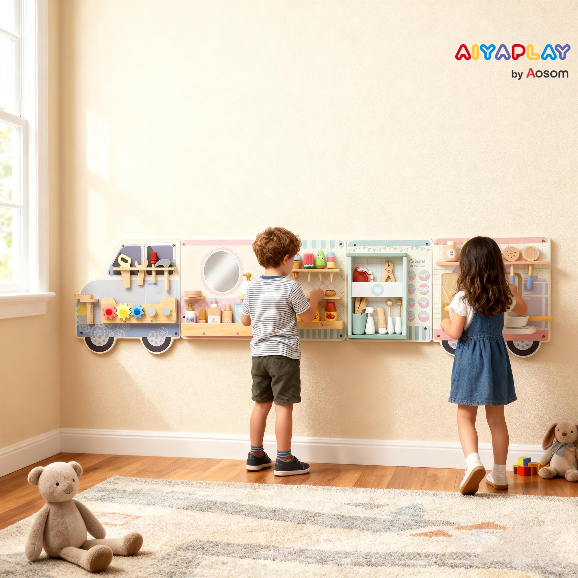 AIYAPLAY Montessori Aktivitätswand Busy Board im Truck-Design ab 3 Jahre | Sensorisches Spielzeug, Activity Board, Beschäftigungsbrett, Lernaktivitätszentrum, Wandspielzeug, Geschenk für Jungen