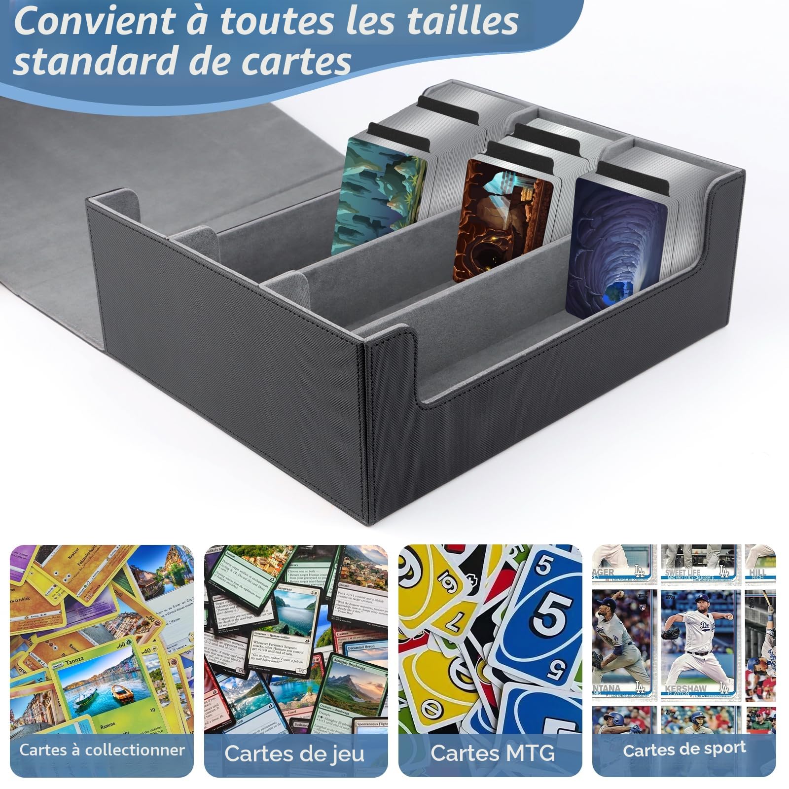 NVIYAM Deck box 1800+ Boîte à Cartes Pour MTG carte Magic,Boîte à Cartes à Jouer avec 10 Séparateurs de Cartes,Noir+Gris Boîte à Rabat Magnétique Avec Cuir Pu Pour Cartes Magic Commander TCG