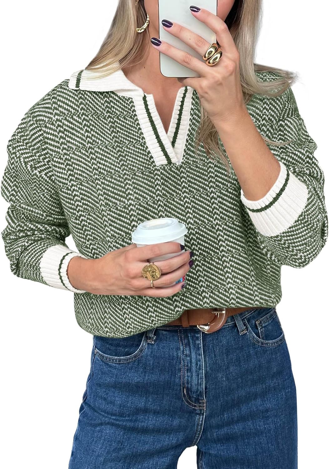 Saodimallsu Womens Fall Sweaters Tops Lapel V Neck Knit Sweater Color Block Long Sleeve Casual Soft Pullover Shirt