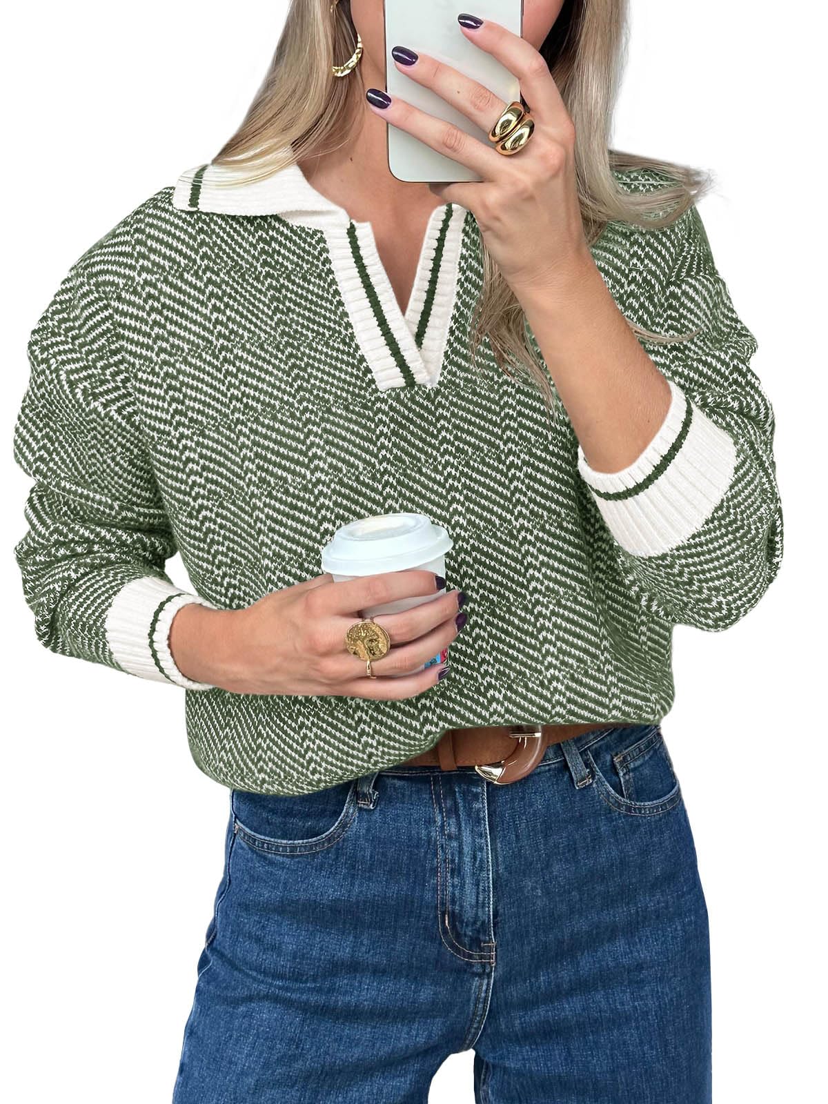 Saodimallsu Womens Fall Sweaters Tops Lapel V Neck Knit Sweater Color Block Long Sleeve Casual Soft Pullover Shirt
