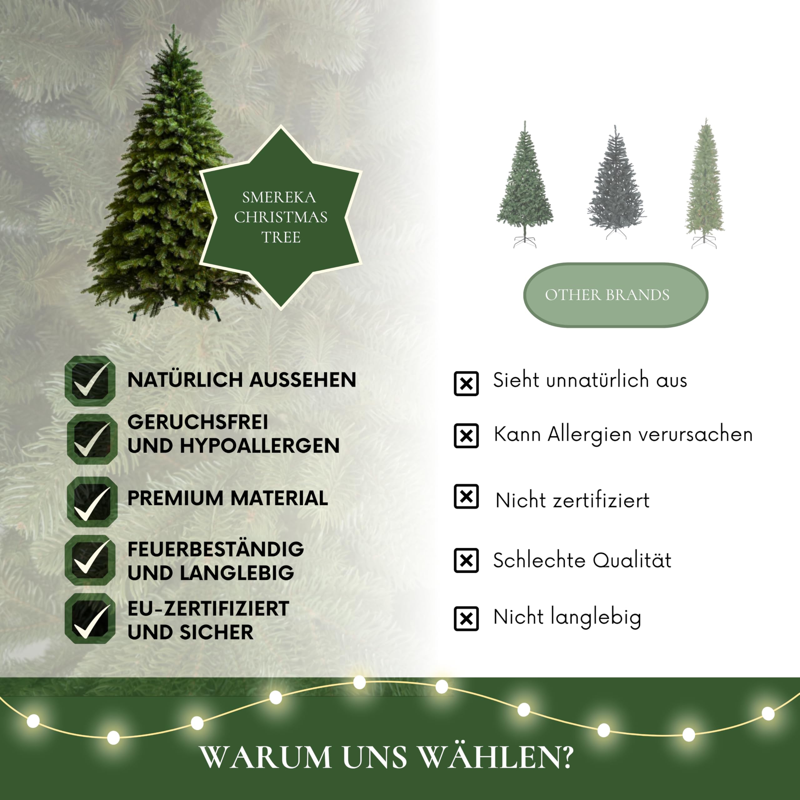SMEREKA® Künstlicher Weihnachtsbaum 180 cm [Spritzguss 100% 3D-Zweigen mit 2155 Spitzen, dicht] Naturgetreuer, Made in EU - Nordmanntanne Tannenbaum Künstlich mit Metallständer - Christbaum
