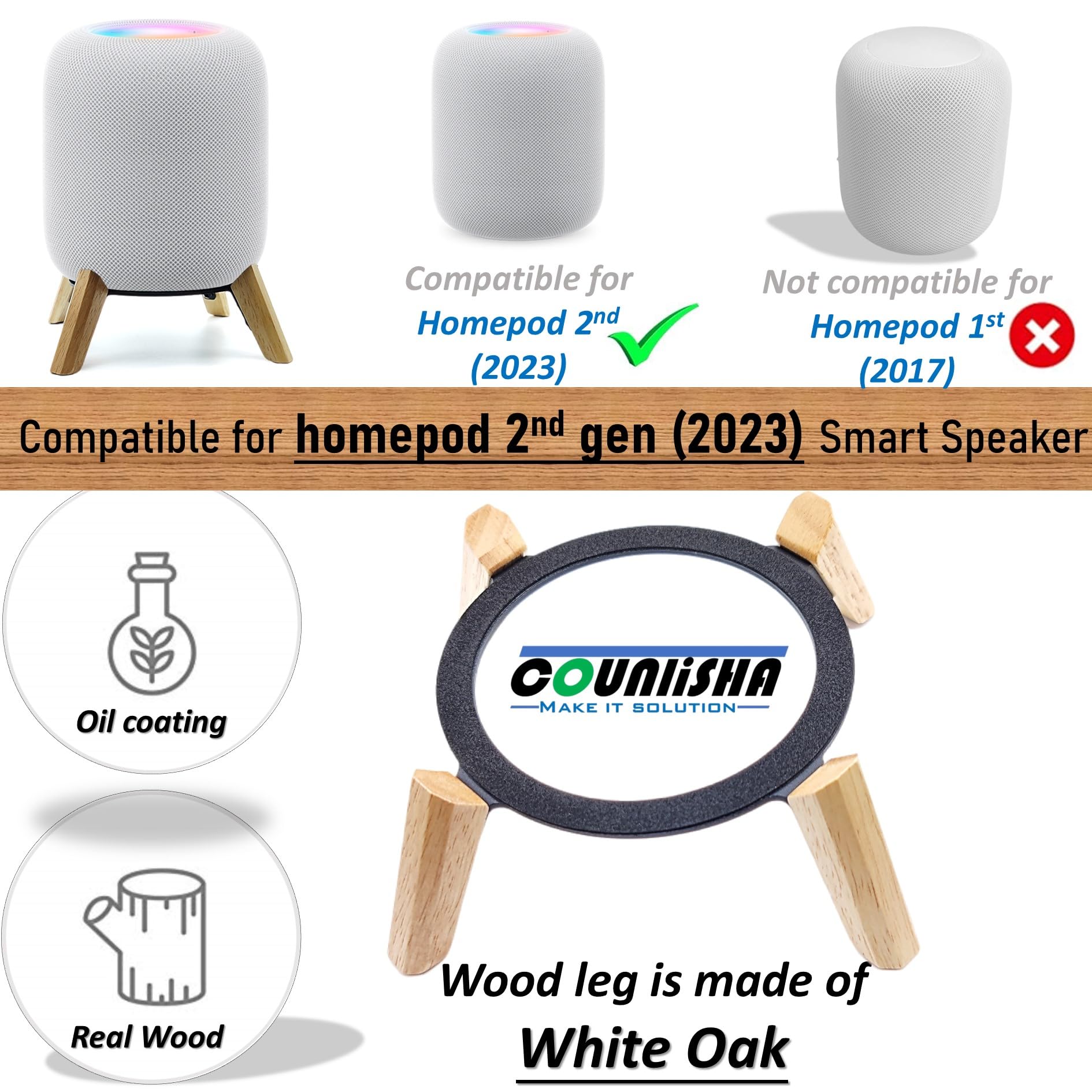 Real Wood Stand for HomePod 2nd Gen, Tripod Mount Holder White Oak