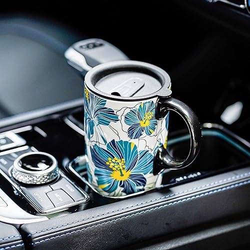 Miniatura 3 de Topadorn Taza de café de cerámica Taza de té de porcelana con mango de tapa y caja de regalo 17oz, flores azules