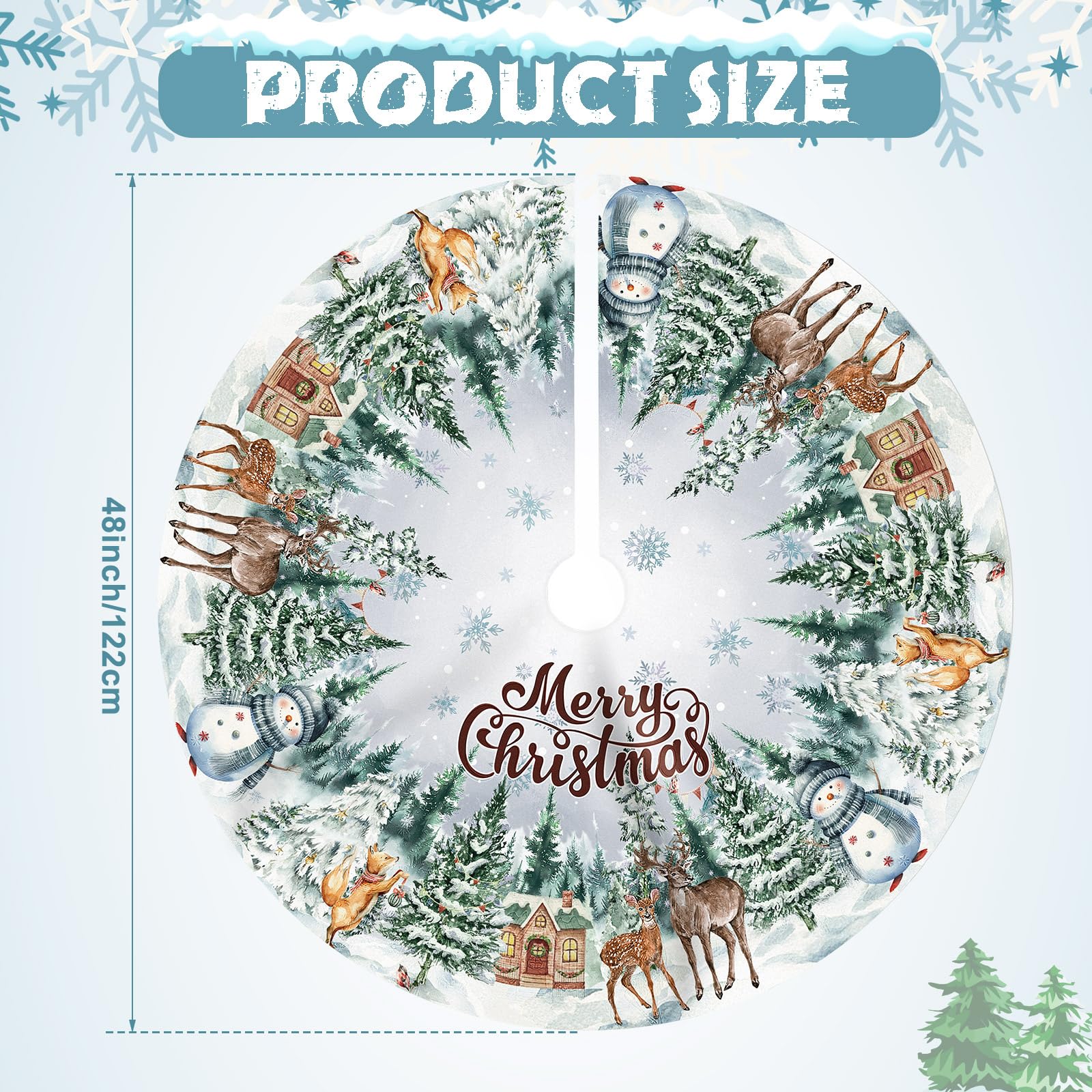 Poen Christmas Tree Skirt 48 Inch Rustic Xmas Tree Mat Farmhouse Snowman Reindeer Snowflake Winter Wonderland Tree Skirt Christmas Tree Collar Cover for Winter Holiday Home Decoration