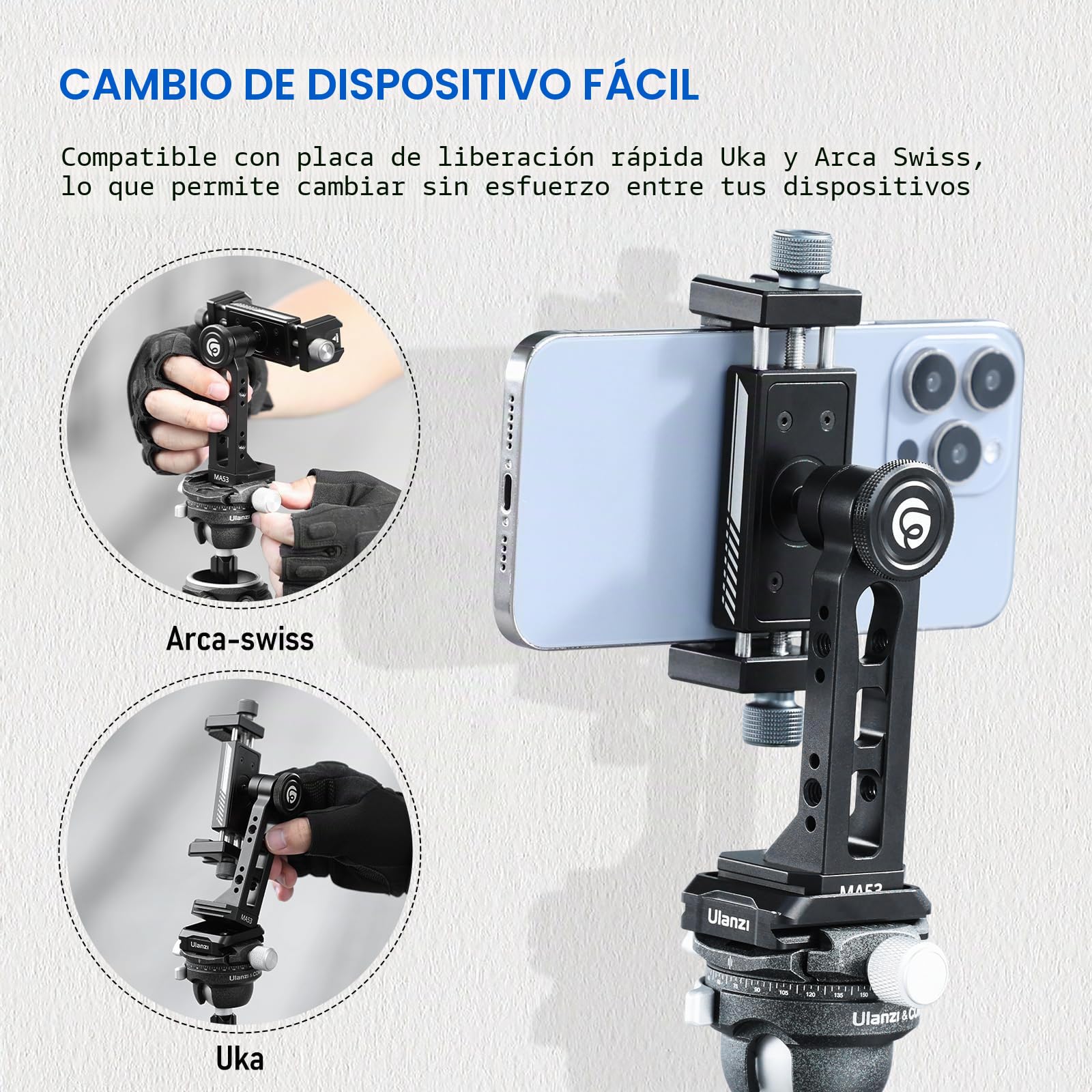 ULANZI MA53 Soporte para Teléfono Móvil Trípode Adaptador con Arca Swiss y Uka, rotación de 360°, Adaptador de Trípode con 1/4"|3/8" Hole para Smartphones Grabación de vídeo Livestreaming