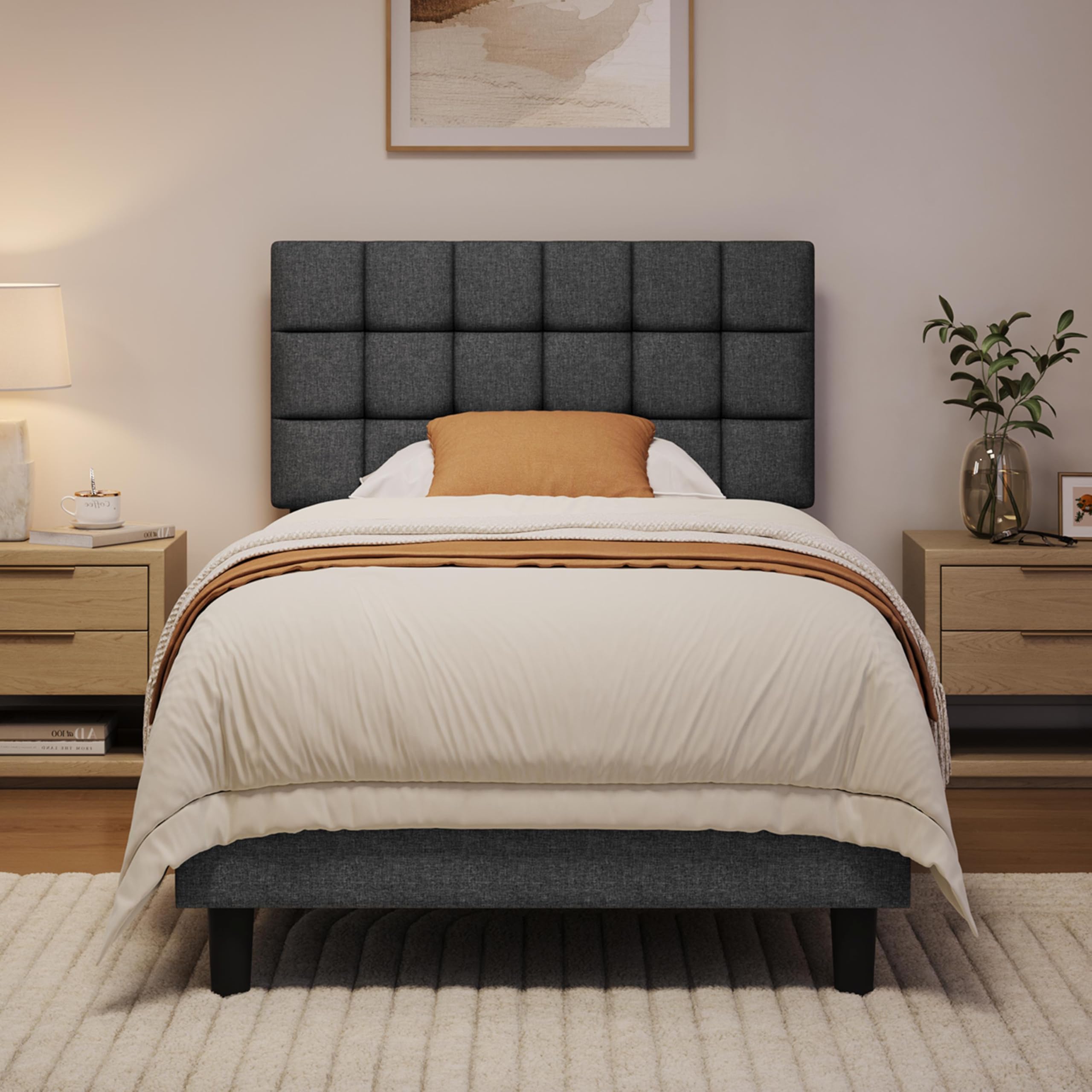 Yaheetech Single Upholstered Bed Frame with Adjustable Square Tufted Headboard/Linen Fabric/Sturdy Wooden Slat Support/No Box Spring Needed, 3ft Light Grey — image 1