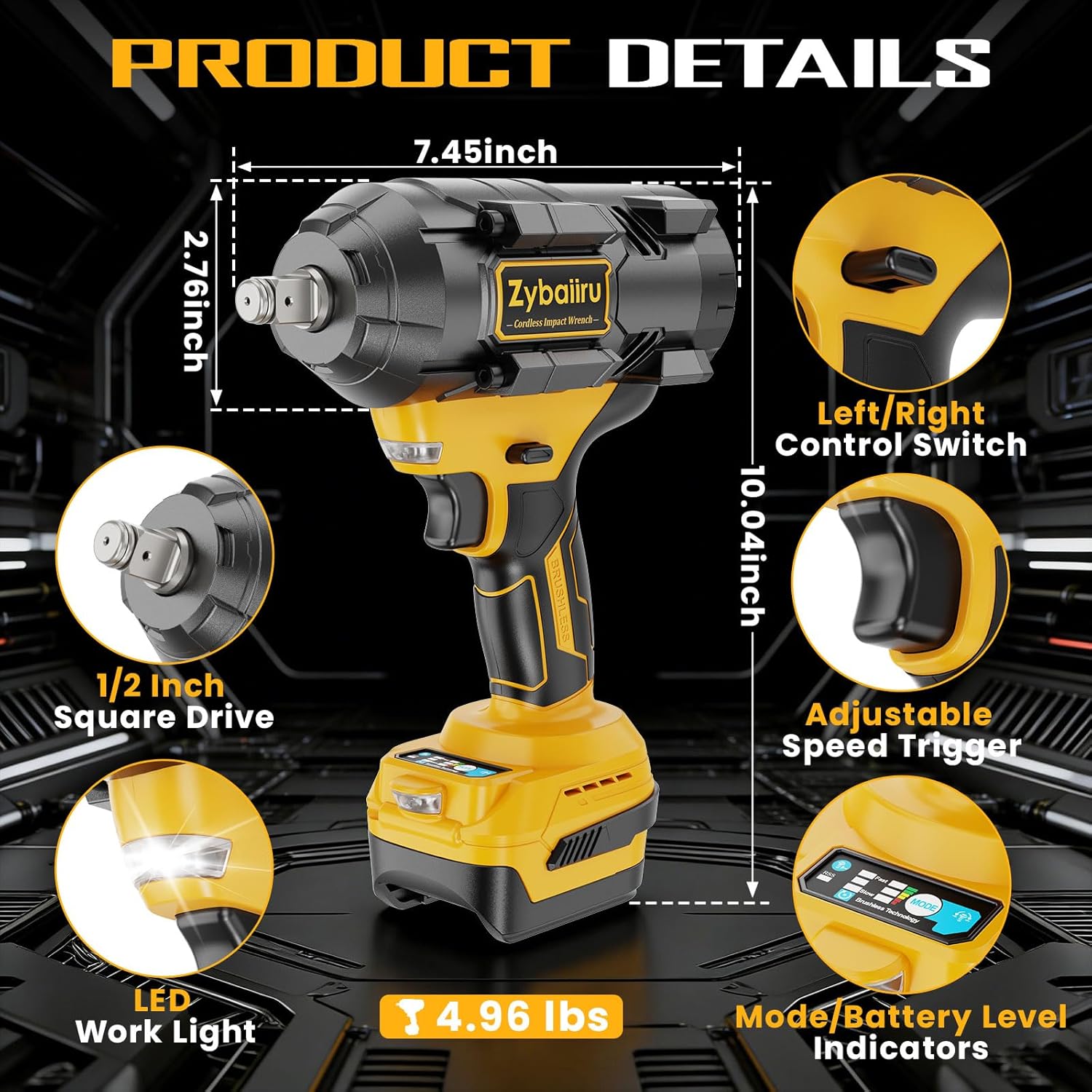 Cordless Impact Wrench 1107 Ft-lbs (1500 N·m) - Compatible with DEWALT 20V Battery - High Torque Brushless 1/2 Impact Gun 3-Speed for Tire Removal Rusted Bolts Heavy Equipment (No Battery)