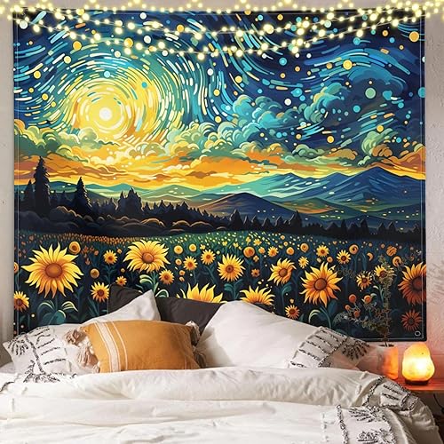 Miniatura 1 de XIGUAGUO Tapiz estrellado de girasol para dormitorio, decoración estética, para colgar en la pared del hogar