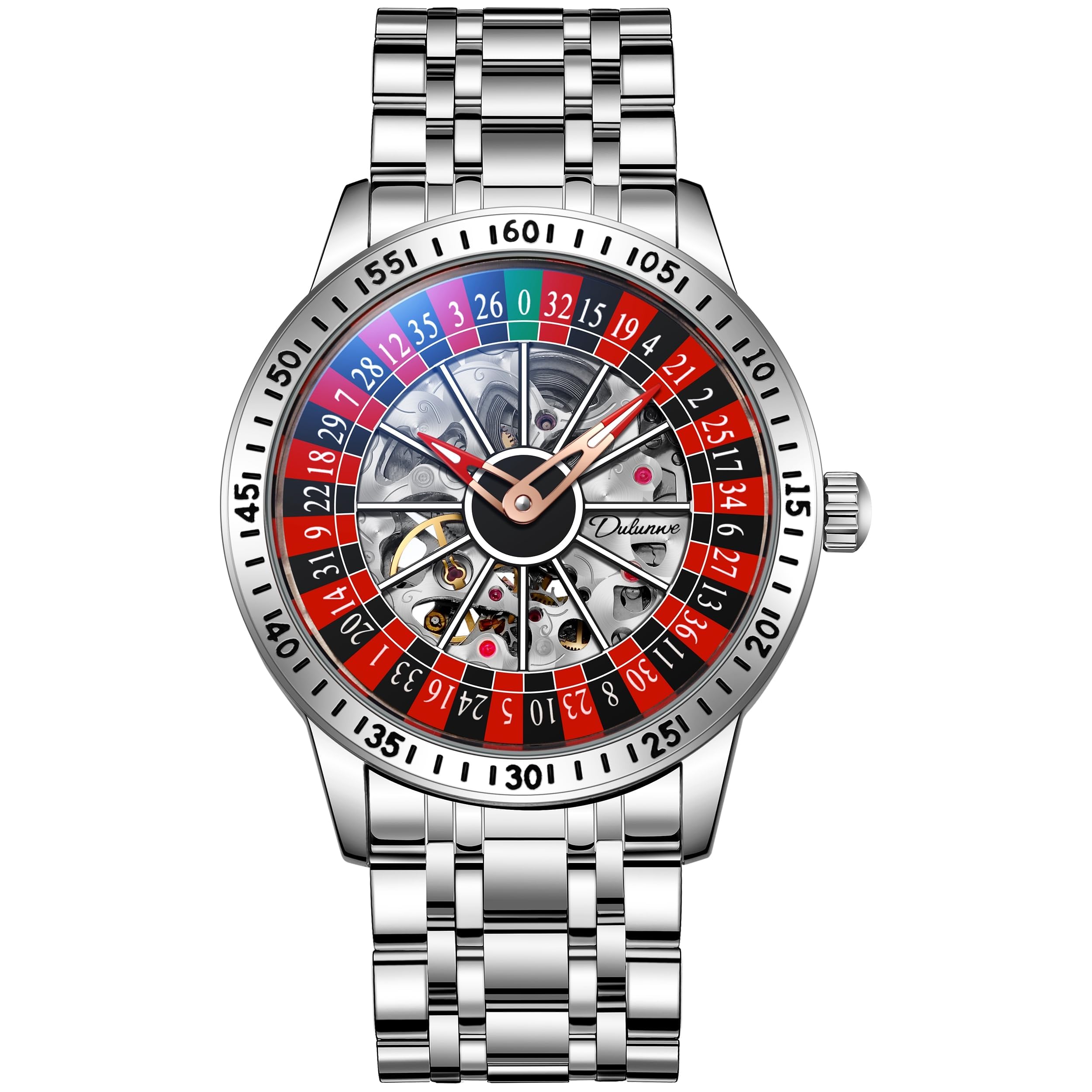 Mens Gambling Automatic Mechanical Skeleton Hollow Waterproof Luminous Watch Stainless Steel Band Self Winding Roulette Wheel Business Casual Wristwatch