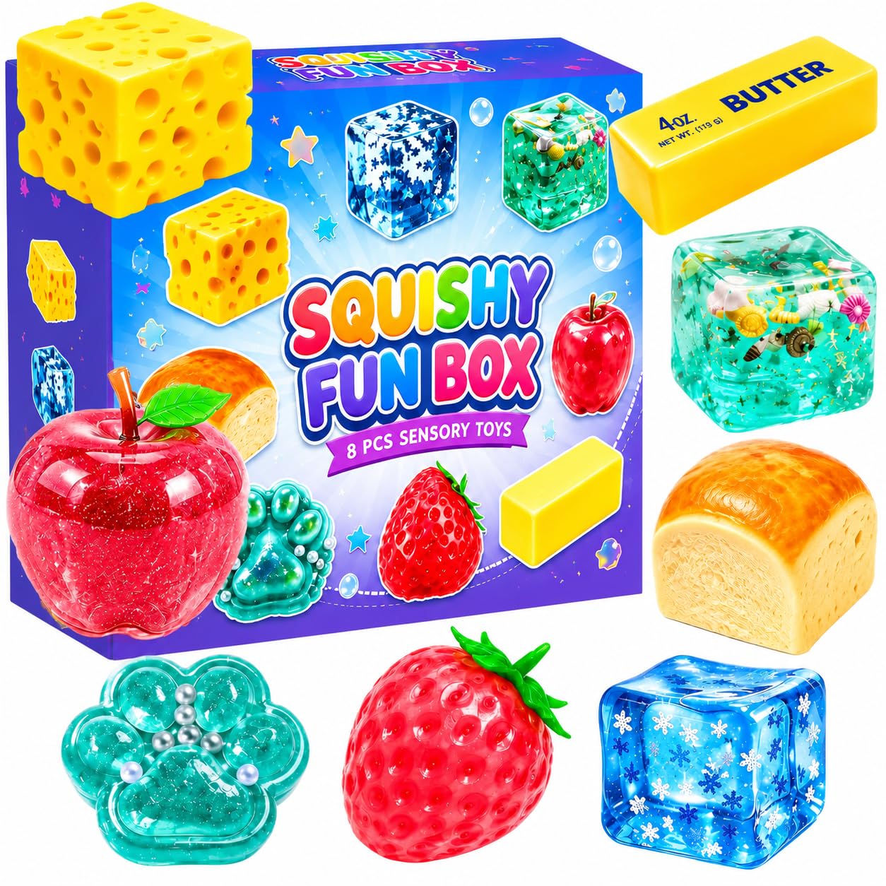8 PCS Squishy Fun Box Toys, Cute Taba Squishy Set