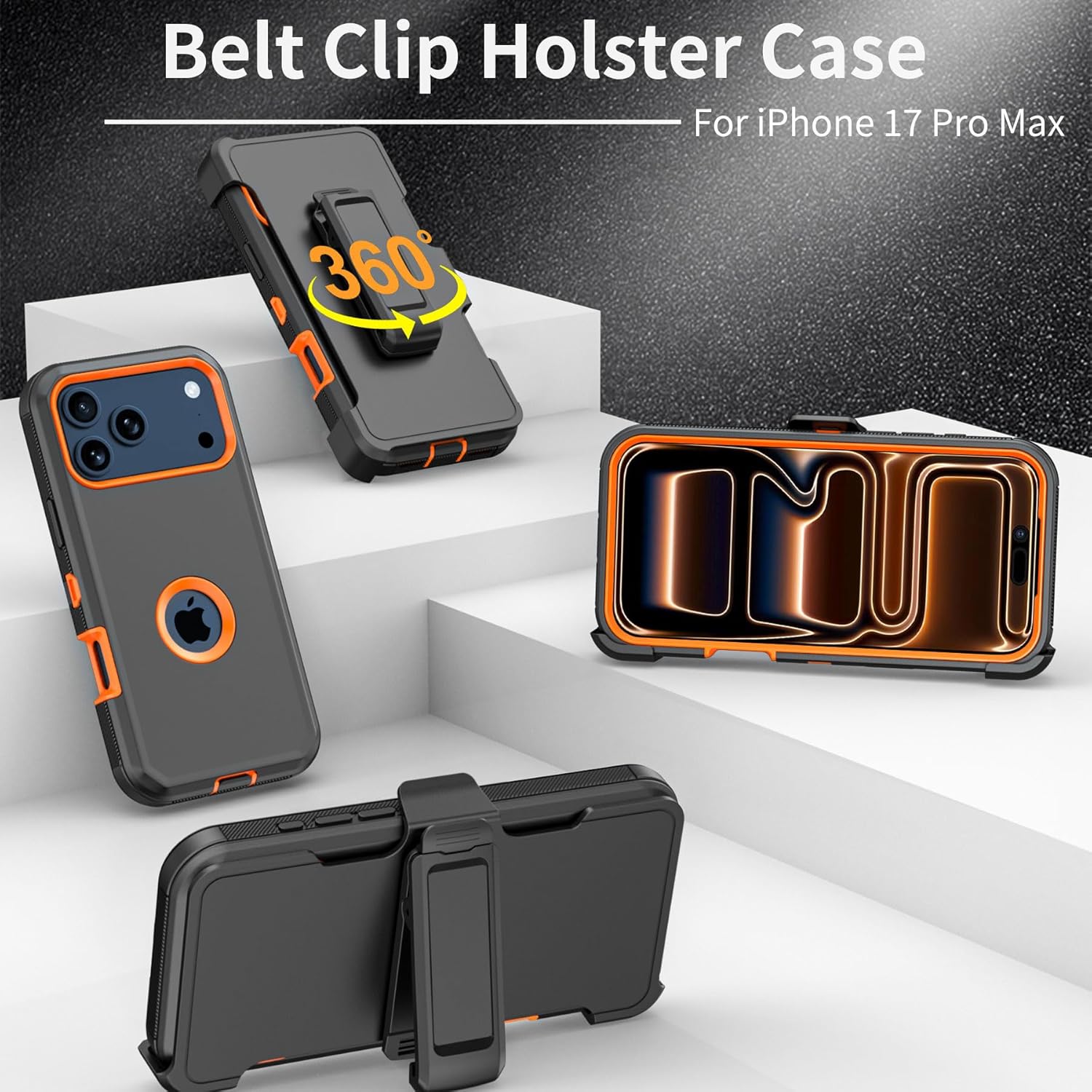 Compatible with iPhone 17 Pro Max Case, with Belt Clip Holster Heavy Duty Rugged Shockproof Full Body Protection Kickstand Cover for iPhone 17 Pro Max Phone (Black+Orange) - Image 2