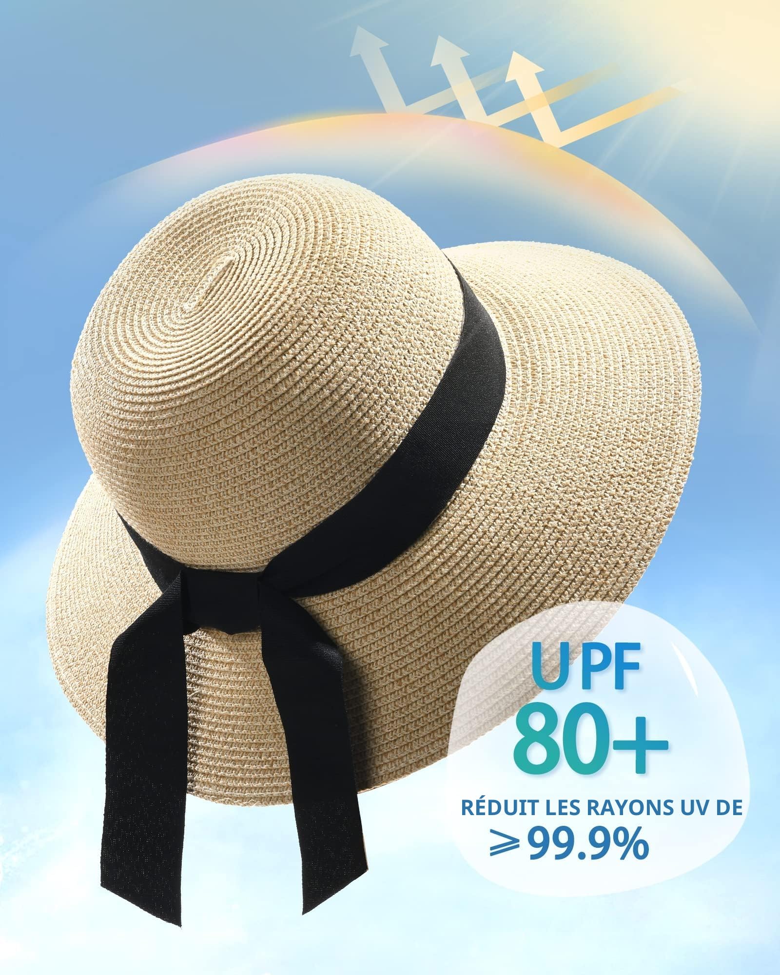 FURTALK Chapeau de paille pour femme - Protection UV UPF 80+ - Bord pliable - Pour l'été