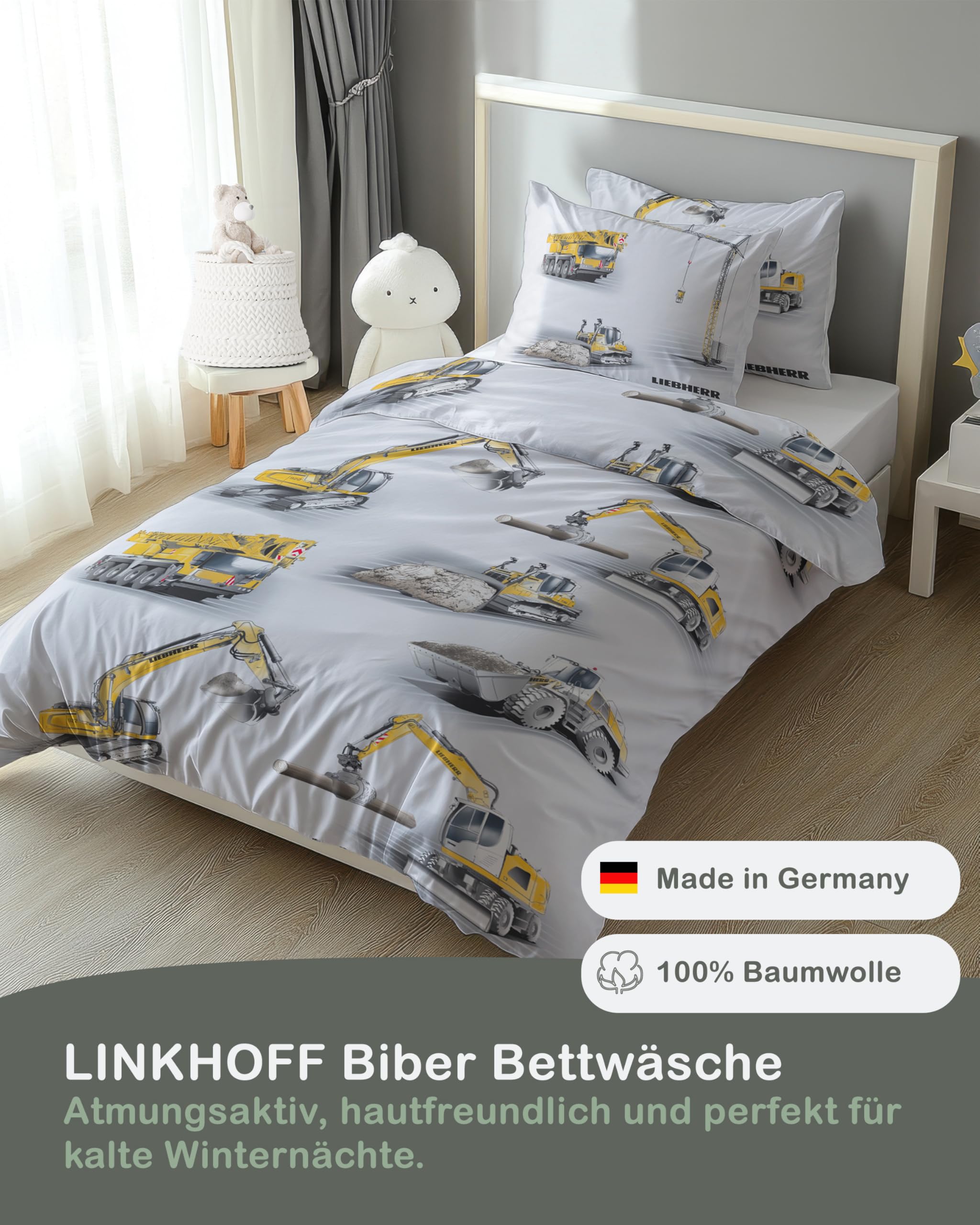 Bagger Bettwäsche 135x200 2teilig - Kinderbettwäsche 135x200 Jungen mit Baustellenmotiven - LIEBHERR Biber Bettwäsche Baumwolle für Jungs