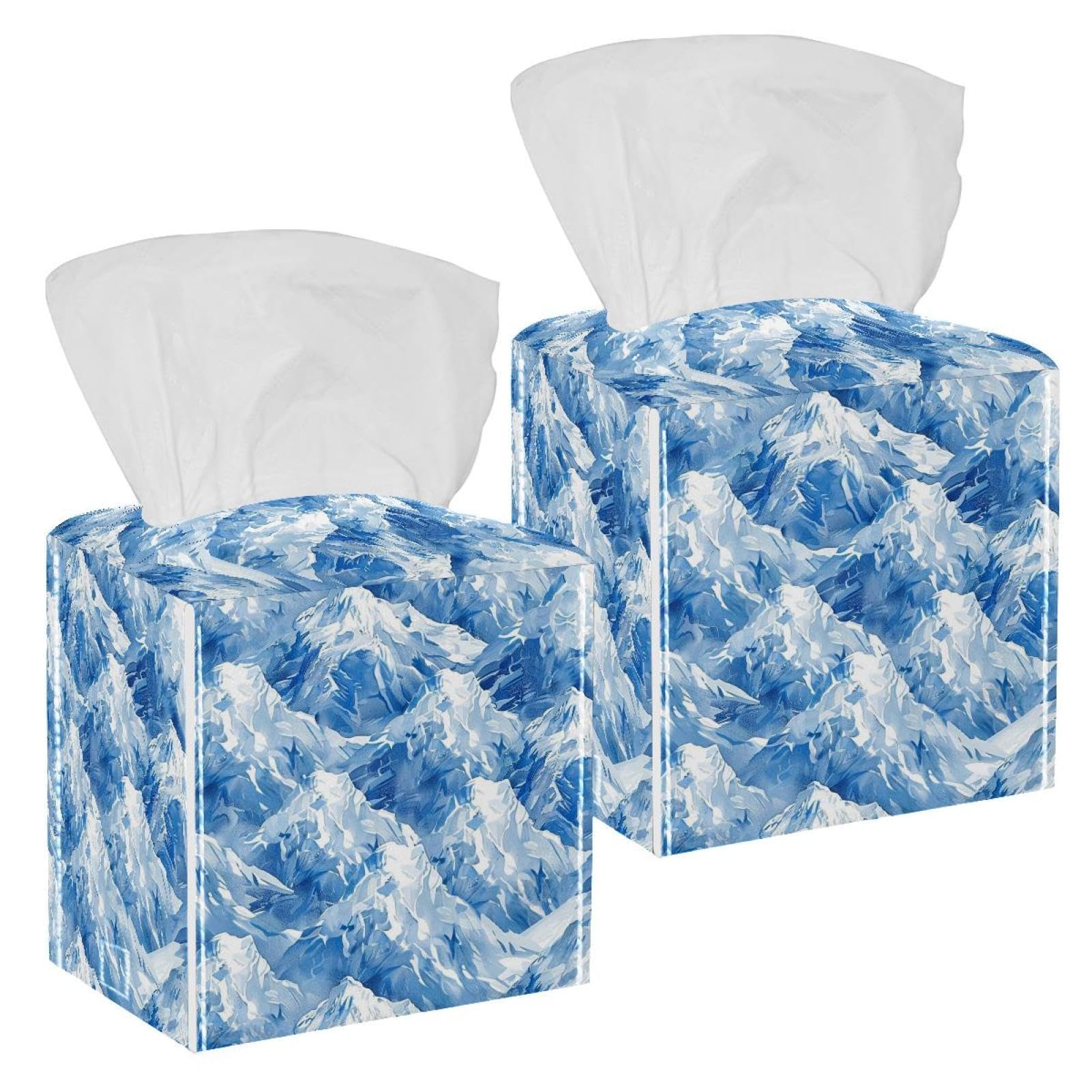 Snow Mountain Tissue Box Cover, 2 Pack PU Leather Square Facial Tissue Dispenser Box holder for Home Office Car
