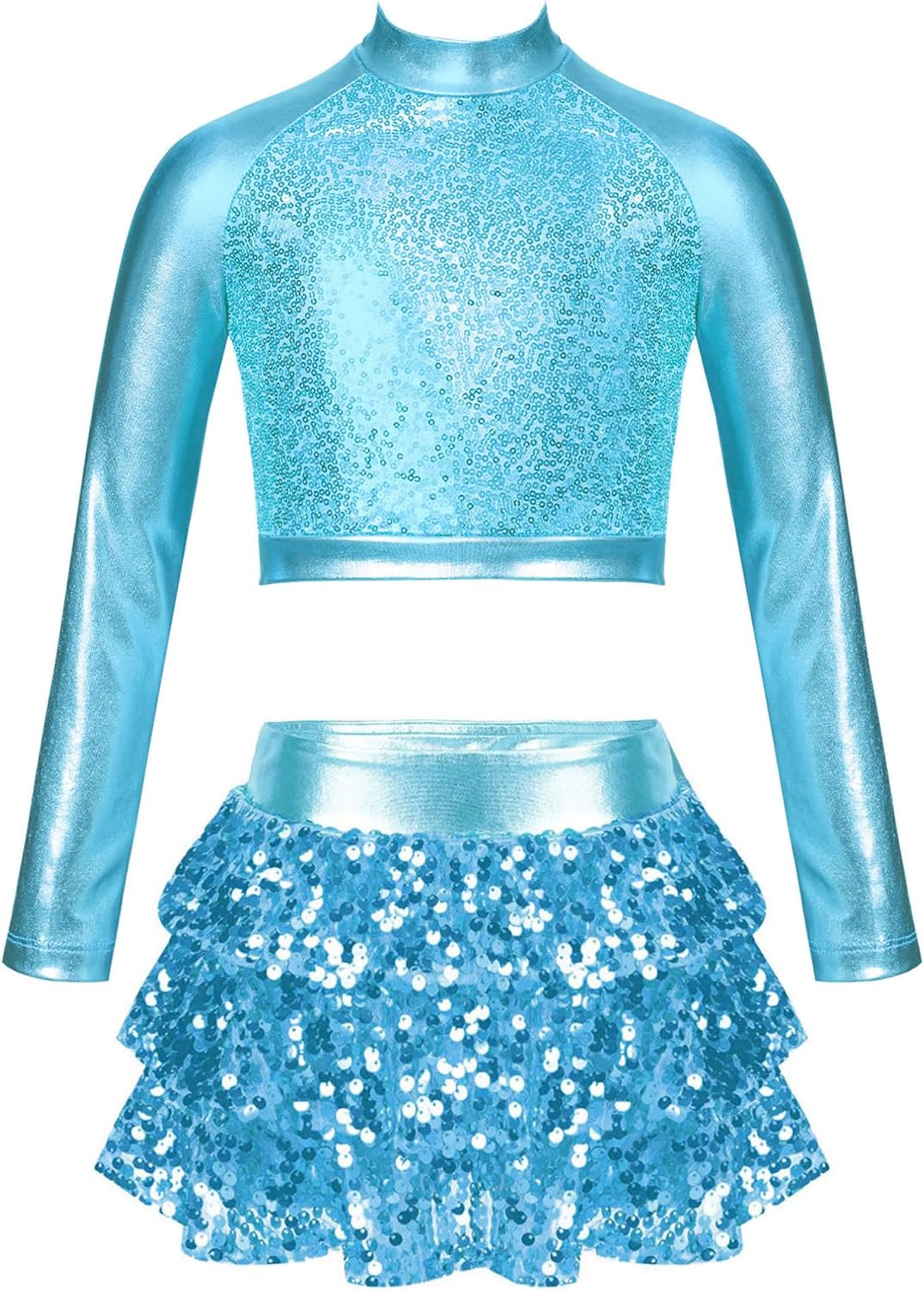 ranrann Kids Girls Jazz Hip Hop Modern Ballet Dance Clothes Sequins Mock Neck Long Sleeve Crop Top with Culottes Set