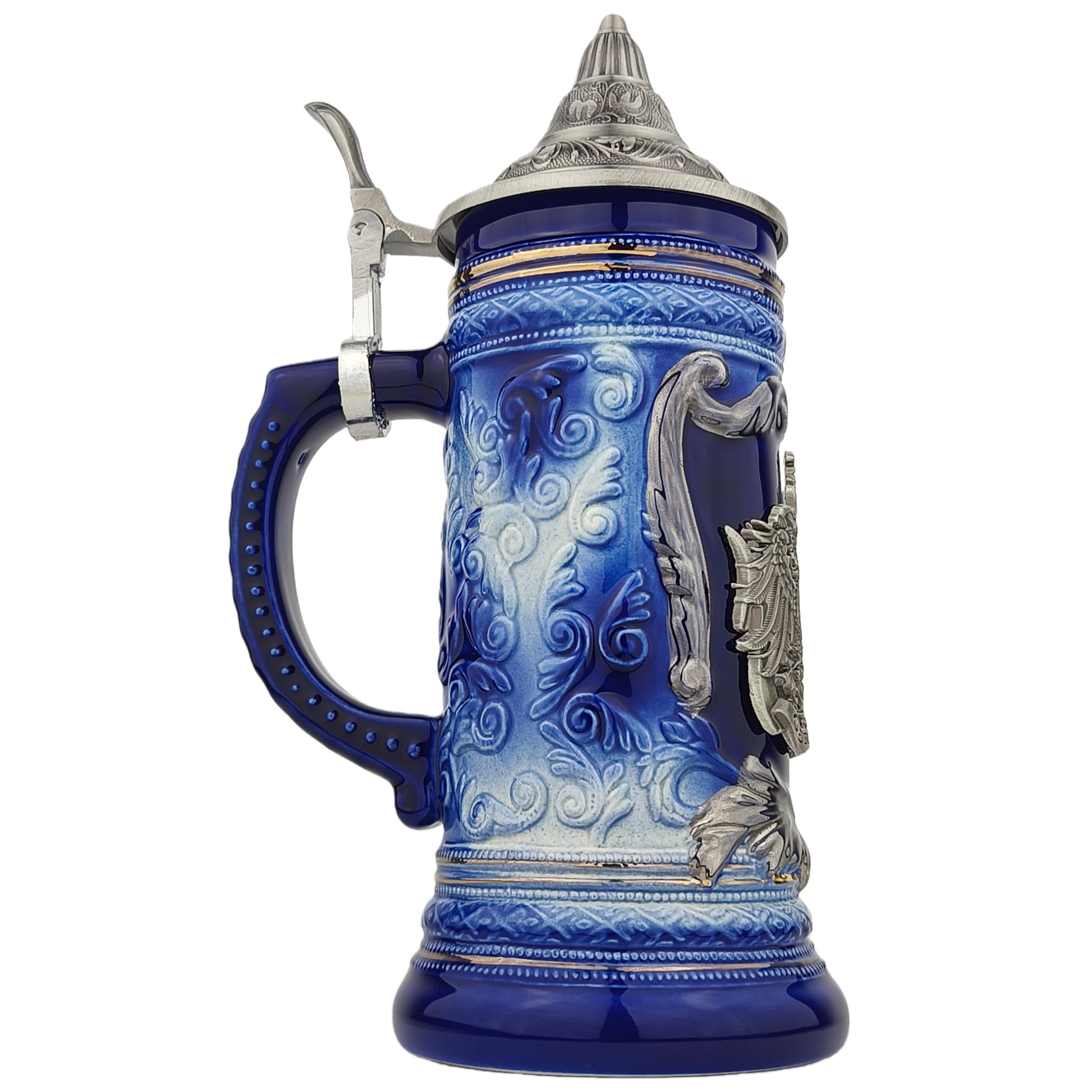 Bierkrug mit Deckel 0,7L – Klassischer Steinkrug mit Spitzdeckel & Metallmontur – Deutschland Motiv – Geschenkidee für Männer, Vater & Bierliebhaber (Blau)